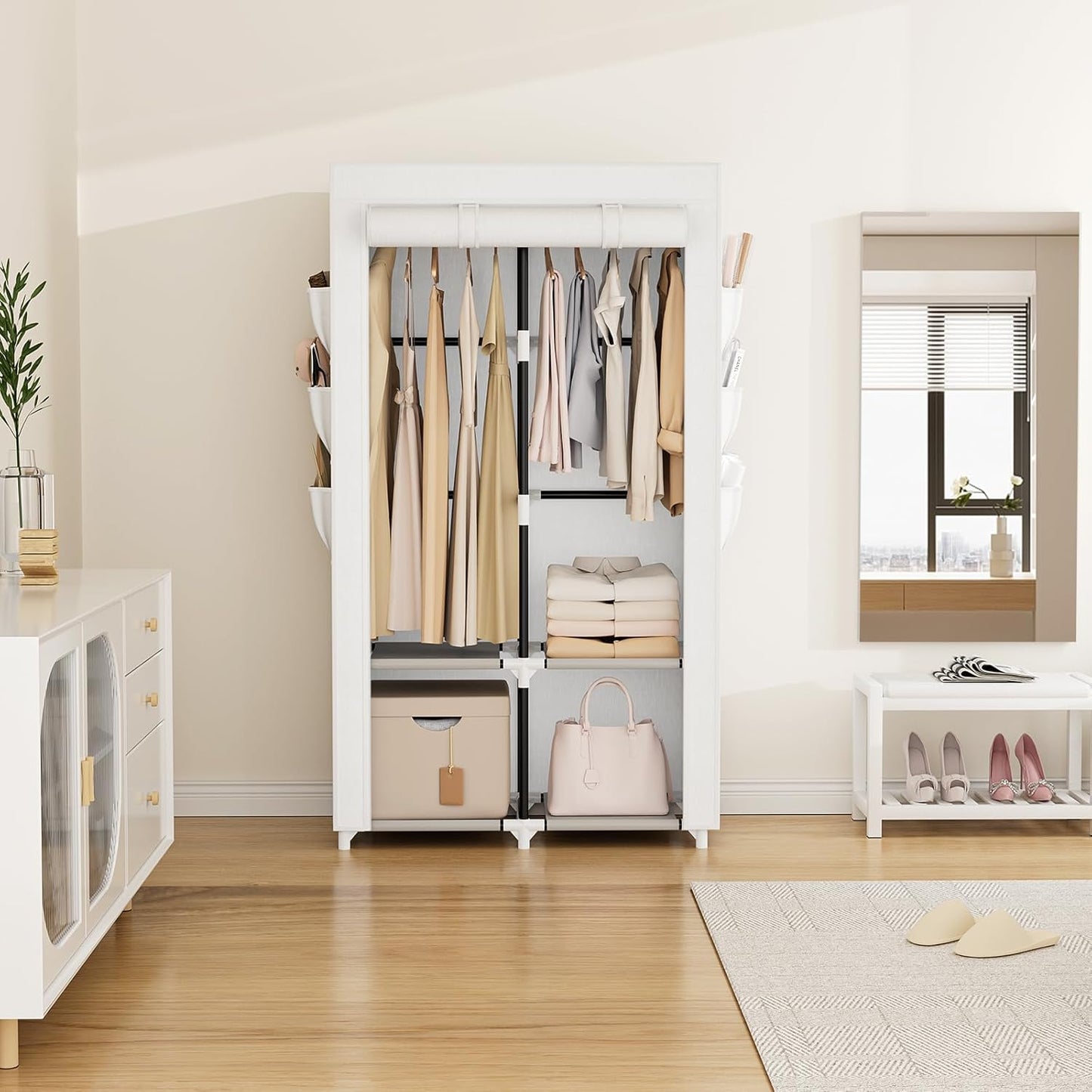 VTRIN Portable Closet Wardrobe Closet for Hanging Clothes with 4 Storage Shelves, 2 Hanging Rods and 6 Pockets, Stable and Easy Assembly Clothes Rack with Cover Free Standing Closet White