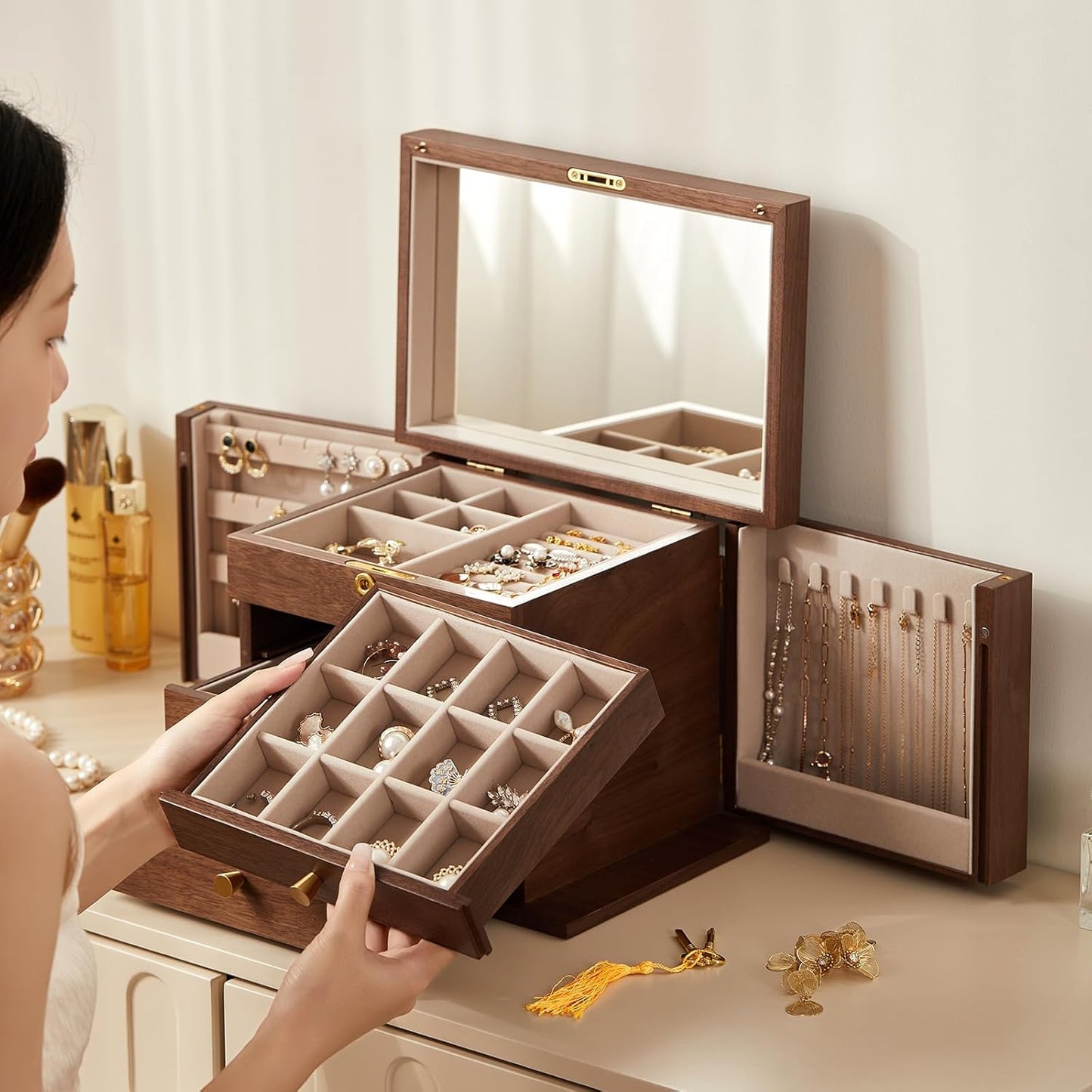 CHOSIN Black Walnut Wooden Jewelry Box, 4-Layer Lockable Wood Jewelry Organizer with Mirror, Side Doors & Brass Handle, Classical Design for Rings, Necklaces, Earrings, Watches, Christmas Gifts