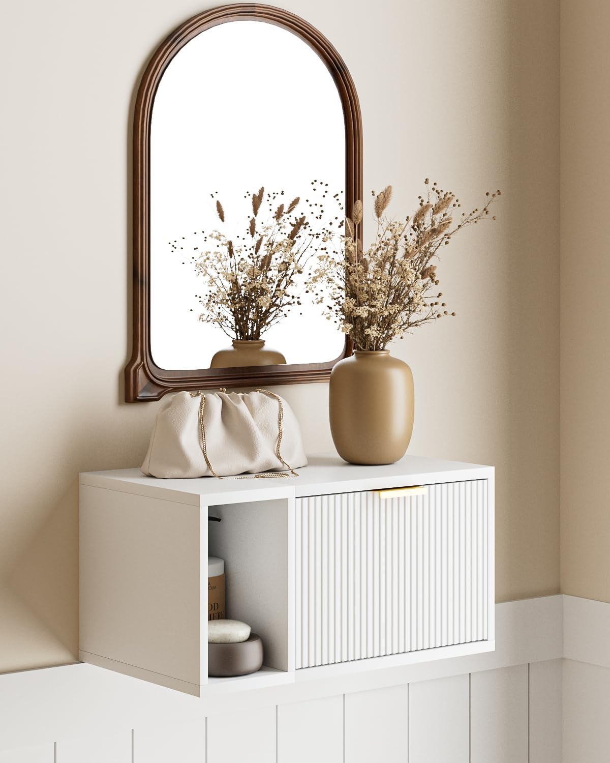 Masupu Floating Nightstand, Wall Mounted Floating Bedside Table with Storage Drawer and Open Shelf, Modern Bedroom Nightstand, 19.3" x 11.4" x 10", White