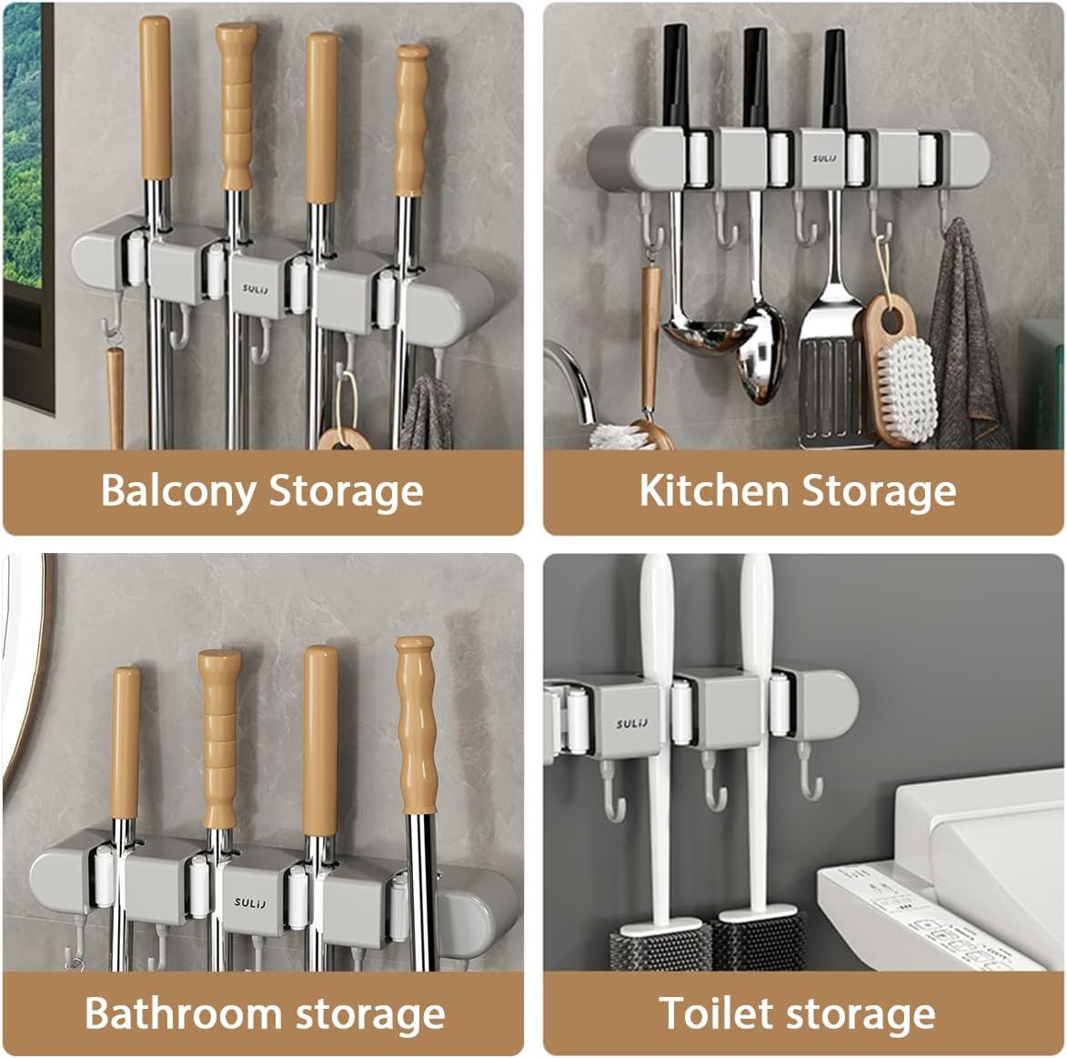 3PCS Broom Holder Wall Mount, No-Drilling Self-Adhesive Mop and Broom Storage Rack (4 Racks with 5 Hooks),Wall-Mounted Broom Hanger for Bathroom, Kitchen, Closet, Garage, Grey