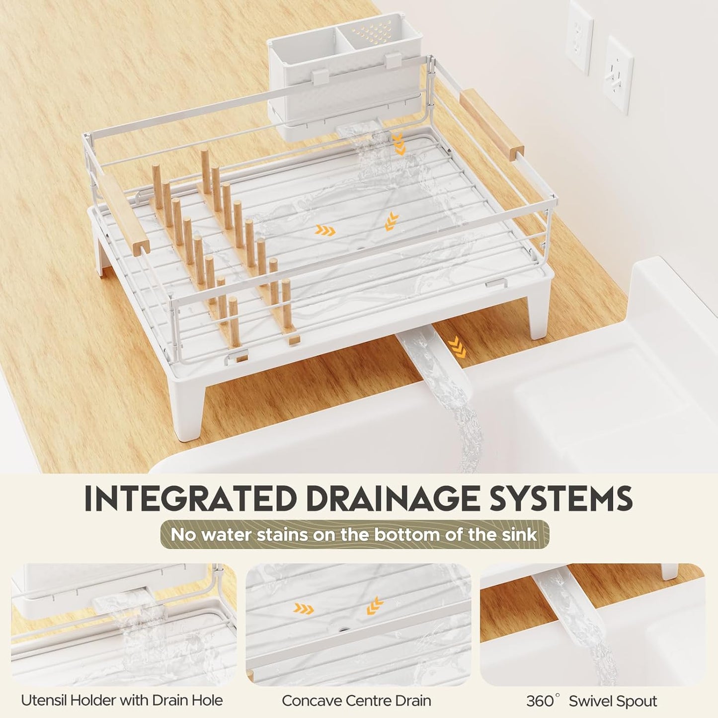 JYPS Dish Drying Rack for Kitchen Counter Decor with Drainboard Auto-Drain，Rustproof Dish Rack Drainers with Utensil Holder, Wooden Handles，360° Rotatable Drainer, Higher Legs (White)