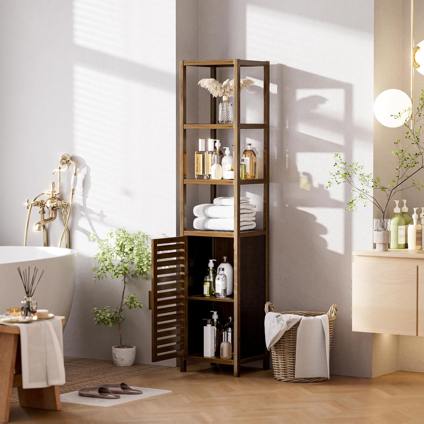 HITNET Bathroom Cabinet, Bamboo Floor Cabinet Freestanding Narrow Storage Unit with Removable Shelves, 6 Tier Tall Cabinet, Walnut