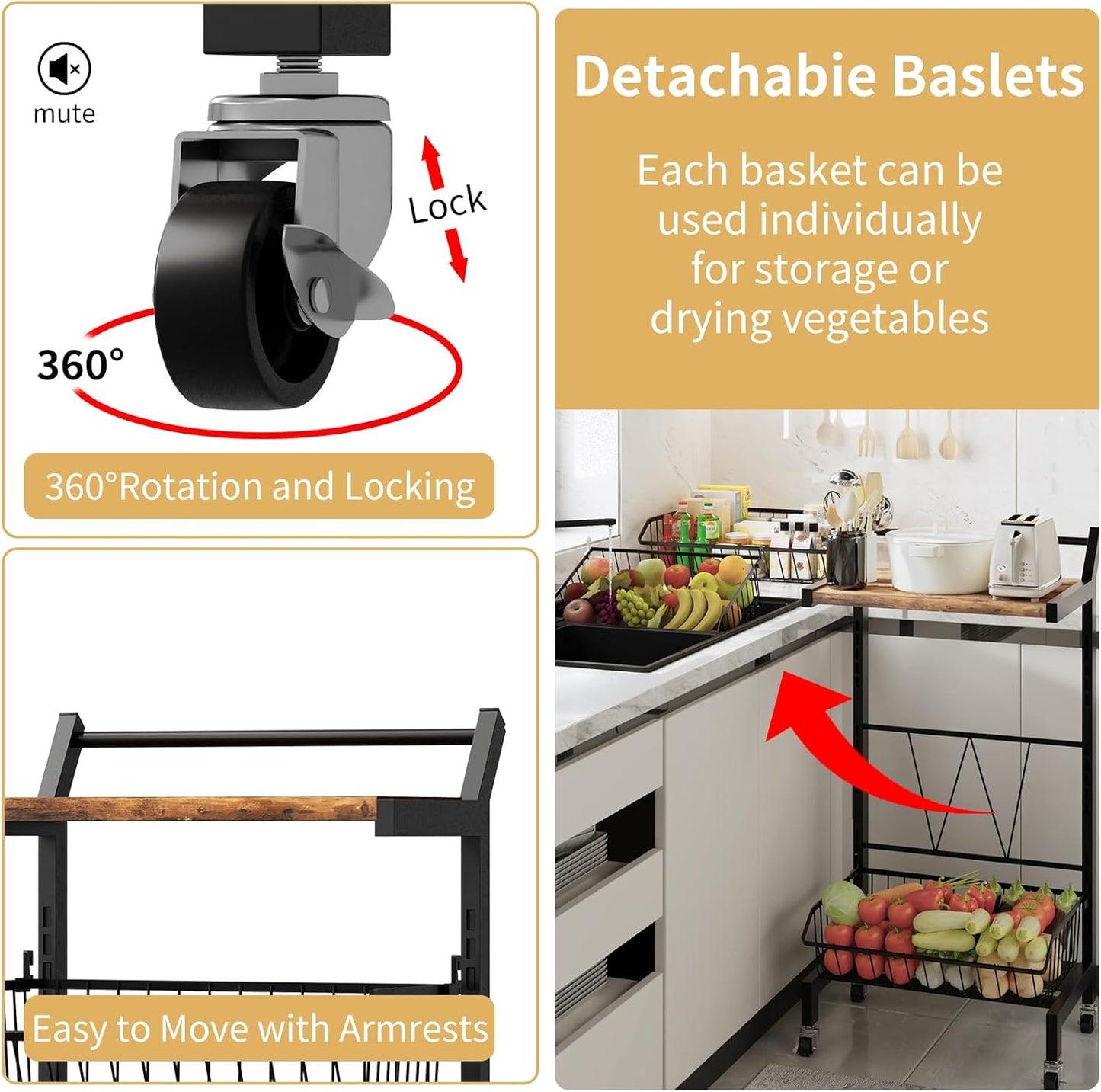 4-Tier Slim Rolling Storage Cart, Narrow Kitchen Cart with Lockable Wheels & Water-Resistant Wooden Tabletop, Small Space Utility Cart for Kitchen/Bathroom/Living Room/Laundry Room