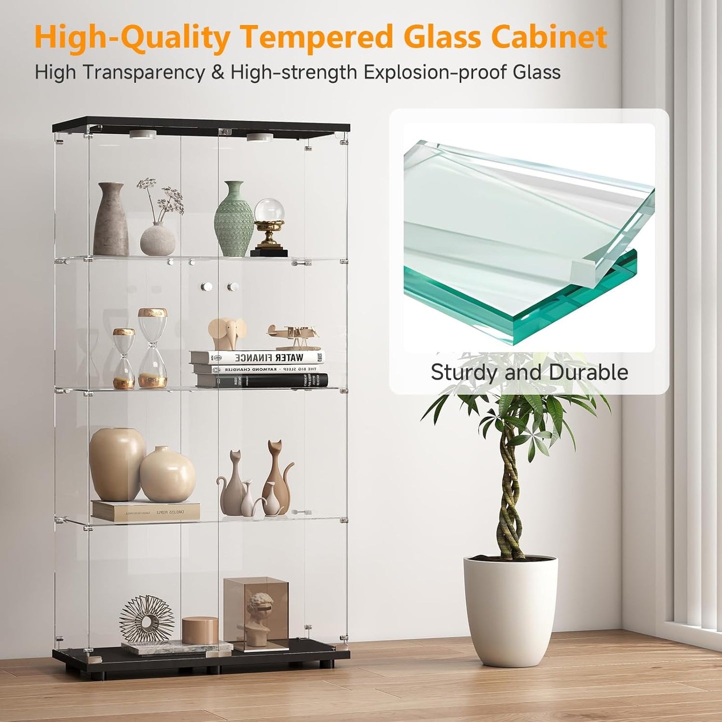 Tempered Glass Display Cabinet with Lights, 4-Tier Curio Cabinet with Glass Doors and Lock, Glass Display Case for Collectibles, for Living Room, Bedroom, Office, Double Door, White