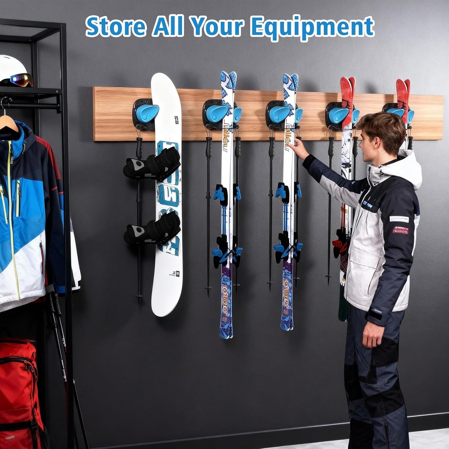WDZREE Ski & Snowboard Wall Rack for Garage, Fits Any Ski or Board, Ski Wall Mount Garage Organization Holders, Damage-Free Storage Rack, Space-Saving Clamp Winter Gear Organizer, Blue (Blue, 1 Pack)