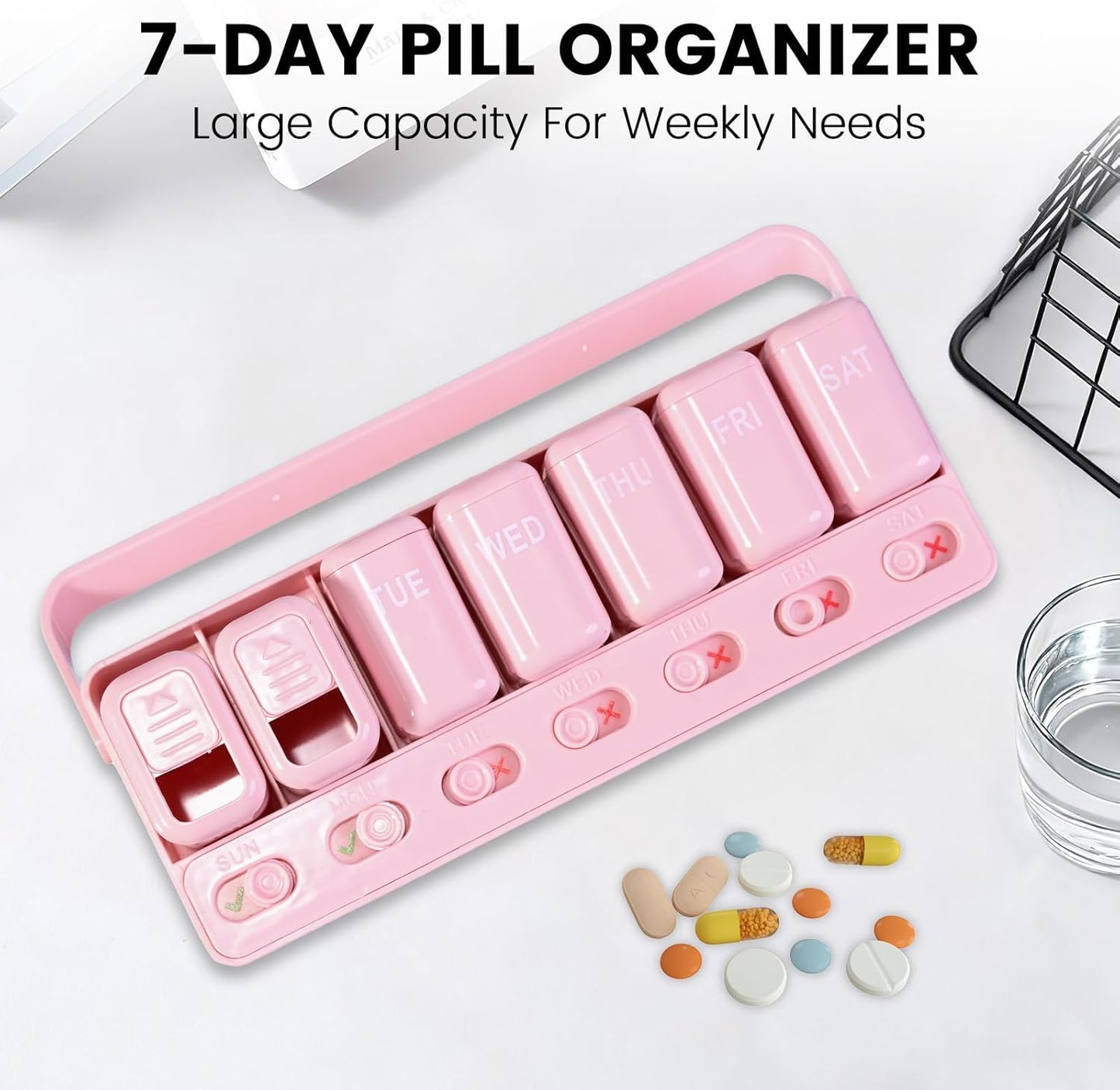 Pill Organizer Easy-Slide Lid, Removable 7 Day 1 Time a Day Pill Box, Large Travel Pill Case, Week Once Daily Medication Dispenser, Pill Container Holder for Supplement, Vitamin, Pink