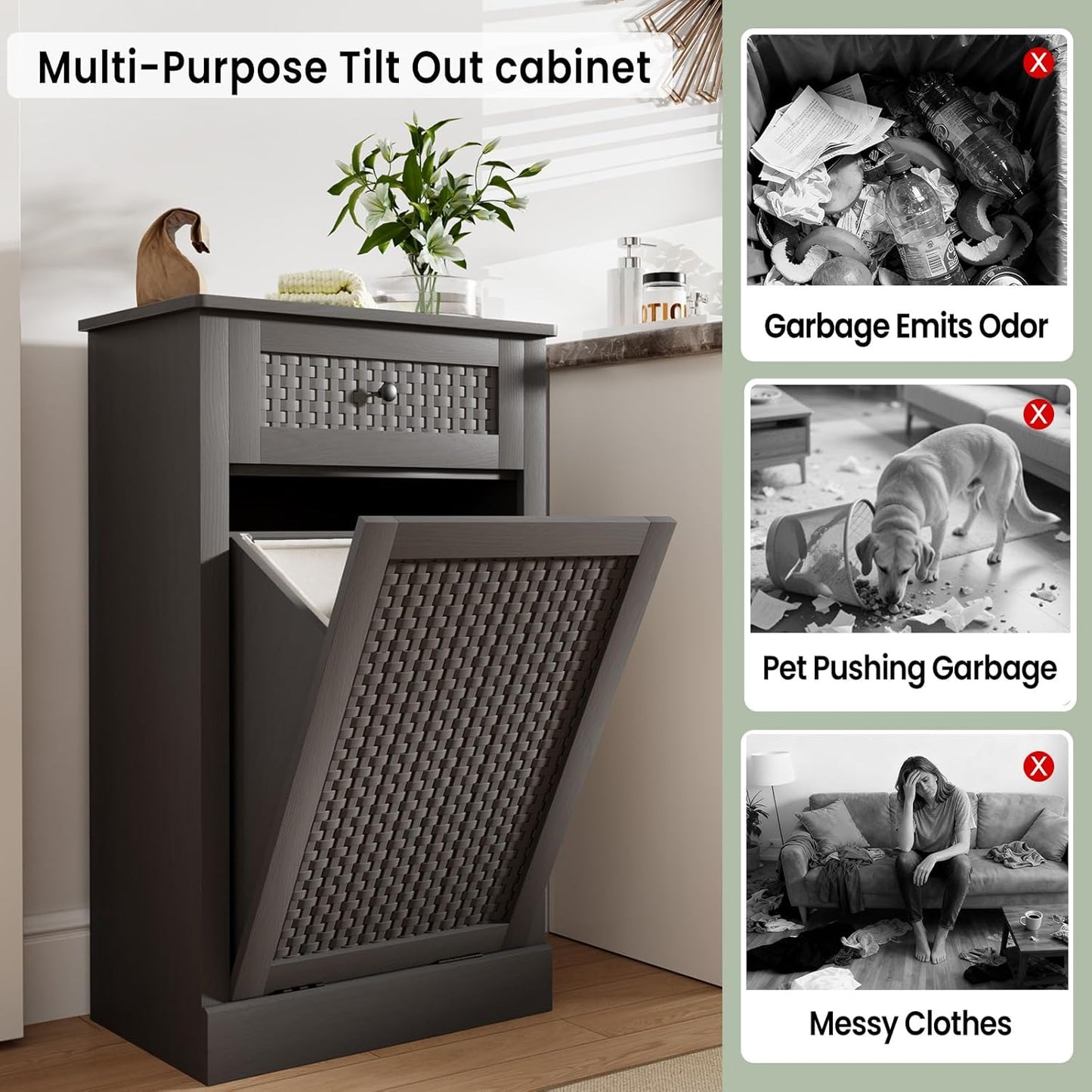 Tilt Out Laundry Hamper Cabinet,10 Gallon Laundry Cabinet with Drawers ＆ Hidden Baskets, Farmhouse Laundry Storage Basket for Laundry Room, Bathroom, Kitchen,Gray