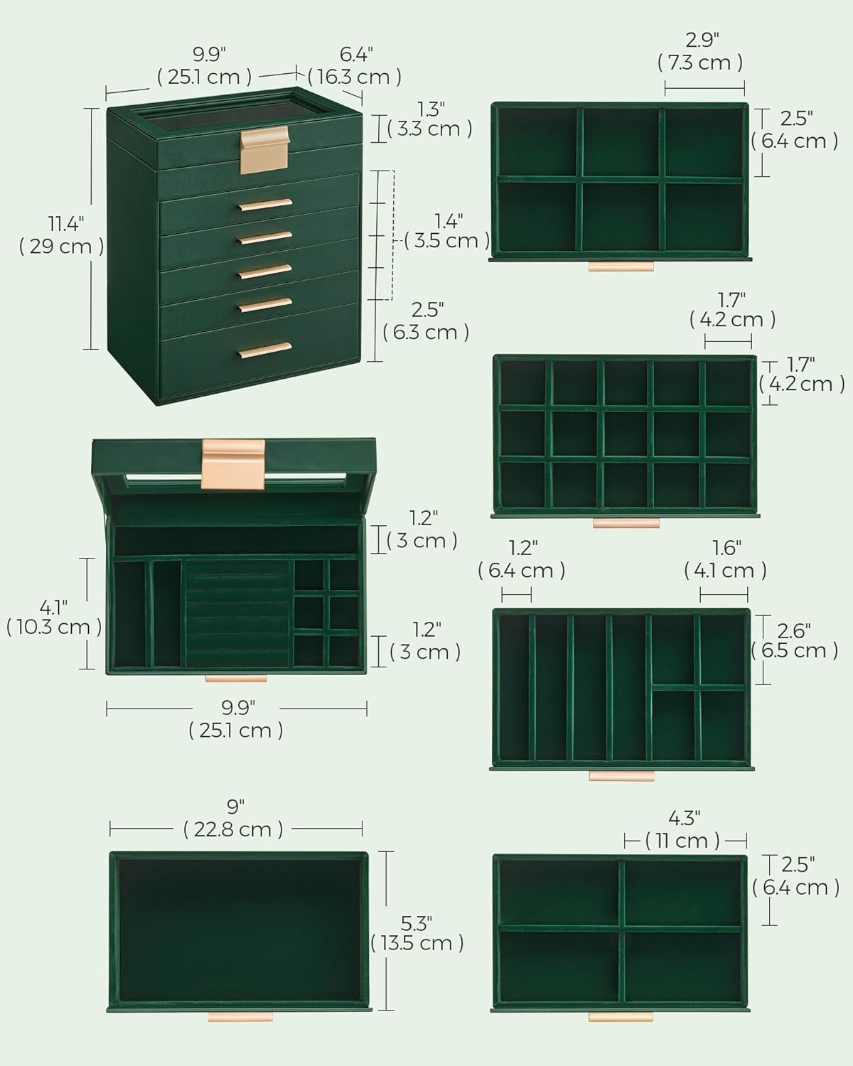 SONGMICS Jewelry Box Organizer with Glass Lid, 6-Layer Jewelry Storage, with 5 Drawers, Modern Style, Christmas Gift, 6.4 x 9.9 x 11.4 Inches, Forest Green and Gold Color UJBC171C01