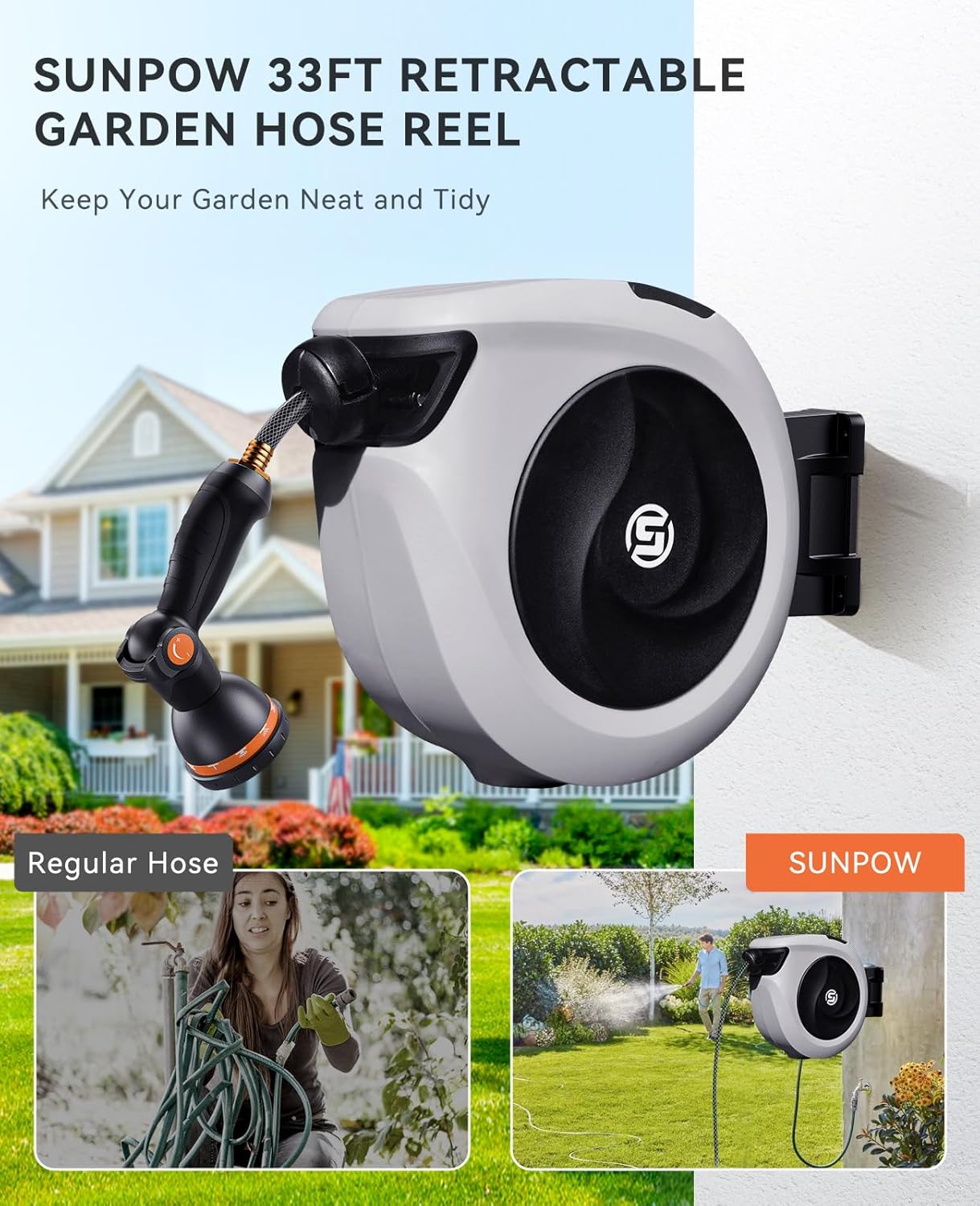 SUNPOW Retractable Garden Hose Reel 1/2 Inch x 33ft - Wall Mounted Lightweight Hose Reel with 3/4 Inch Brass Fittings & 10-Pattern Nozzle - Auto Rewind System, Any Length Lock, 180° Swivel Bracket