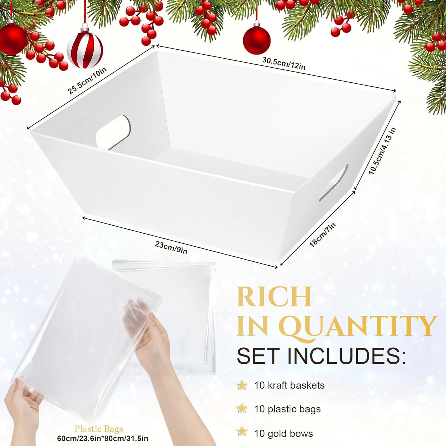 AFOROEOA 10PACK White Baskets For Gifts Empty, 10x12”Thick Kraft Gift Basket with 10 Bows 10 Bags Empty Gift Baskets for Christmas, Easter, Birthdays, Snacks, Farmers Market