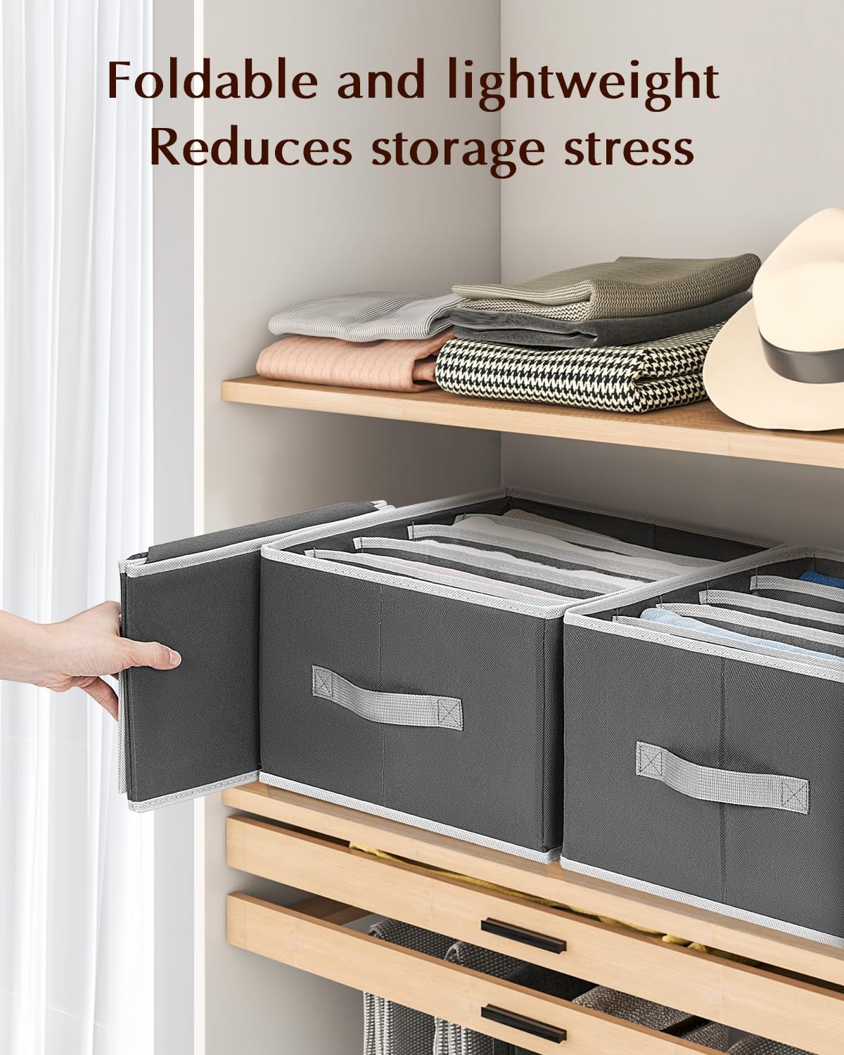 Clothes Organizers and Storage - Fabric Jeans Organizer with Handles, Foldable Drawer Dividers for Clothes, Closet Shelf Organizer for Shirts, Bra, Sweater, Scarf, 6 Pack, Dark Grey