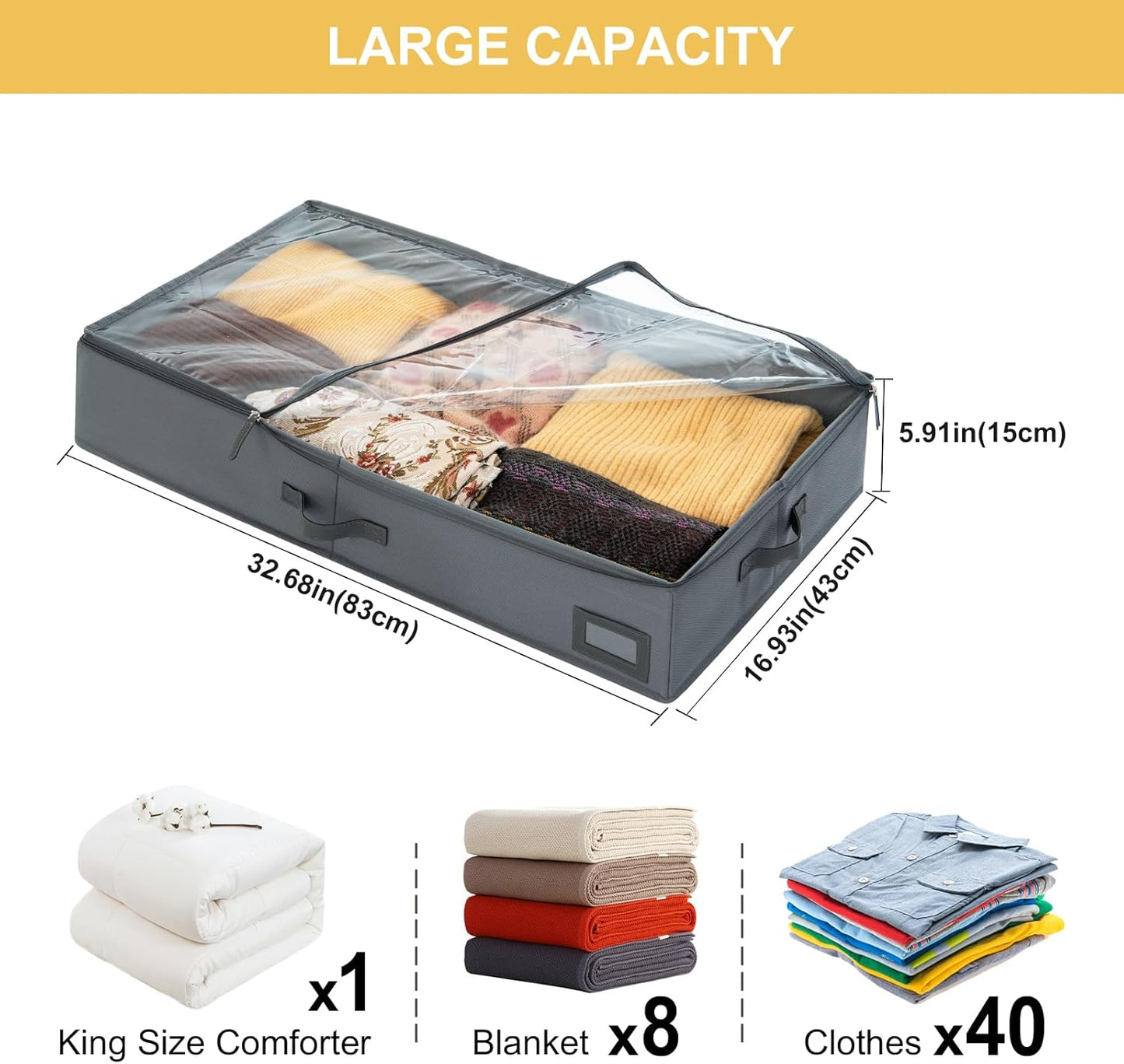 6-Inch Under Bed Storage Containers (2-Pack) | Sturdy Sidewalls | Clear Cover & Label Holder | Foldable Fabric Closet Bin Organizer | Stores Clothing/Blankets/Sweaters/Sheets