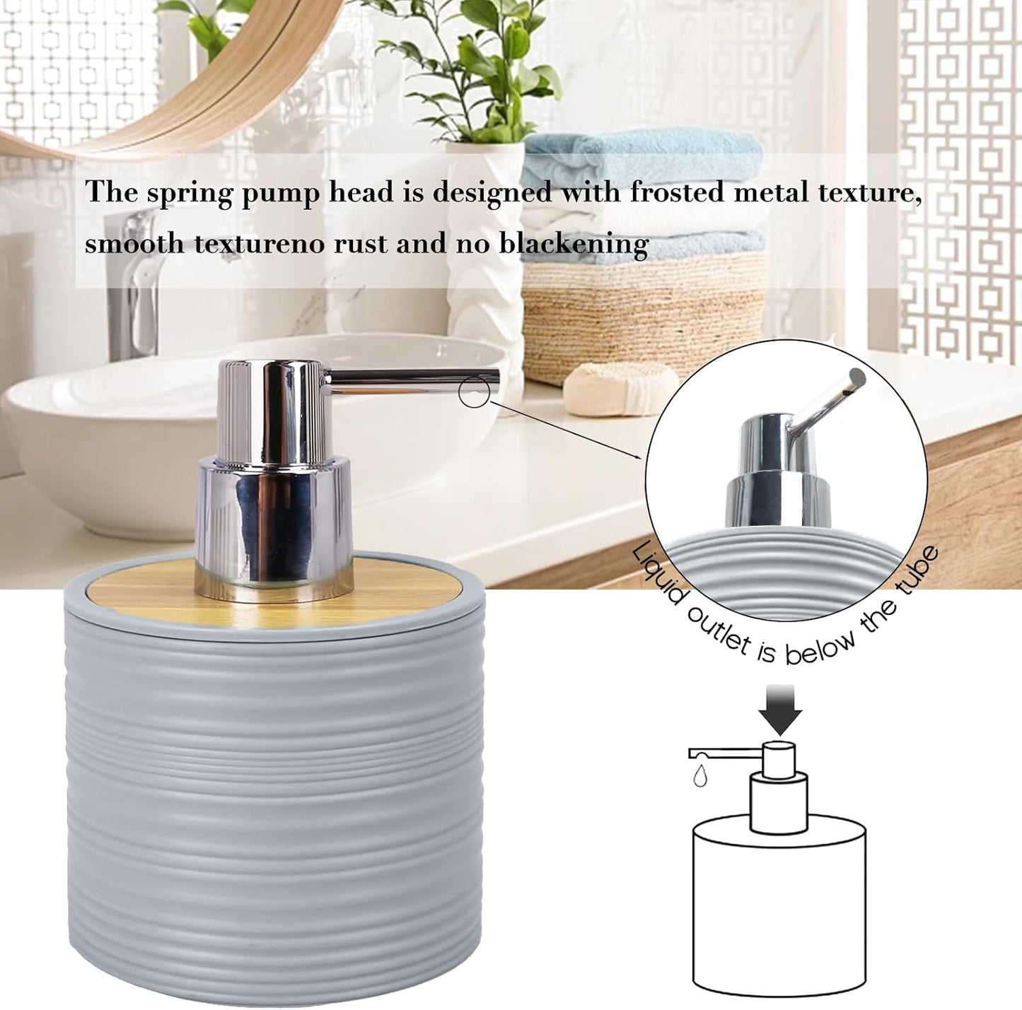 CERBIOR Bathroom Accessories Set 6 Piece Bamboo Bath Ensemble Includes Soap Dispenser, Toothbrush Holder, Toothbrush Cup, Soap Dish for Decorative Countertop and Housewarming Gift, Sriral Grey