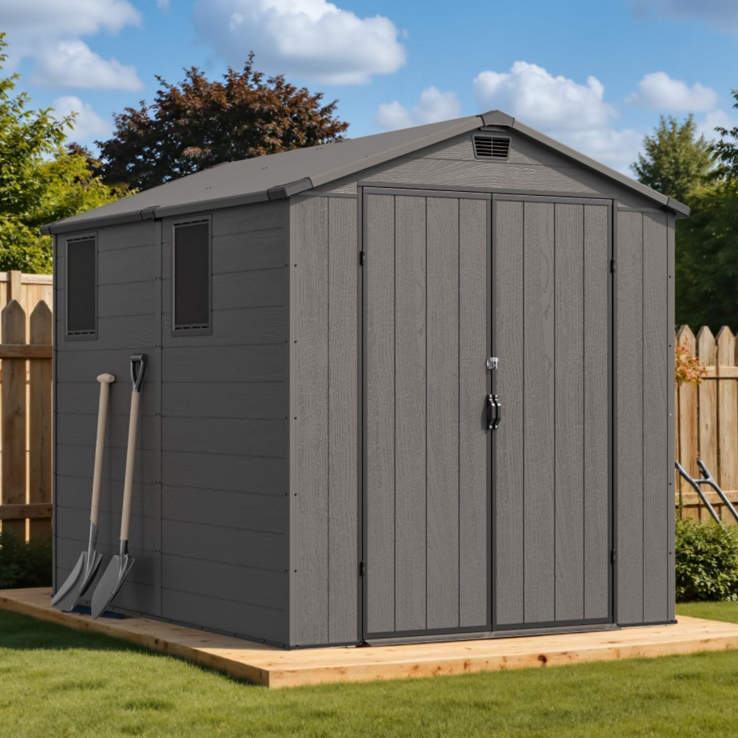 Devoko 6x8 Ft Outdoor Storage Shed - Lockable Resin Tool Shed with Window & Floor - Easy Assembly for Garden, Backyard, Dark Gray