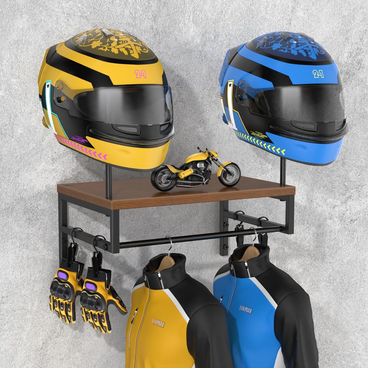 BORISI Helmet Holder Wall Mount, Motorcycle Helmet Holder, Helmet Stand with Motorcycle Accessories, Helmet Rack for Display Wall Mount, Motorcycle Gear Storage Rack