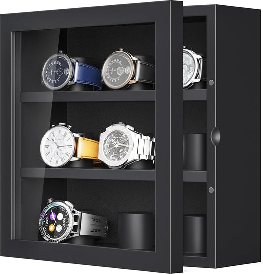 TJ.MOREE 9-Slot Watch Display Case, Wall Mount Wooden Watch Box, Vertical Storage Men’s Watch Box