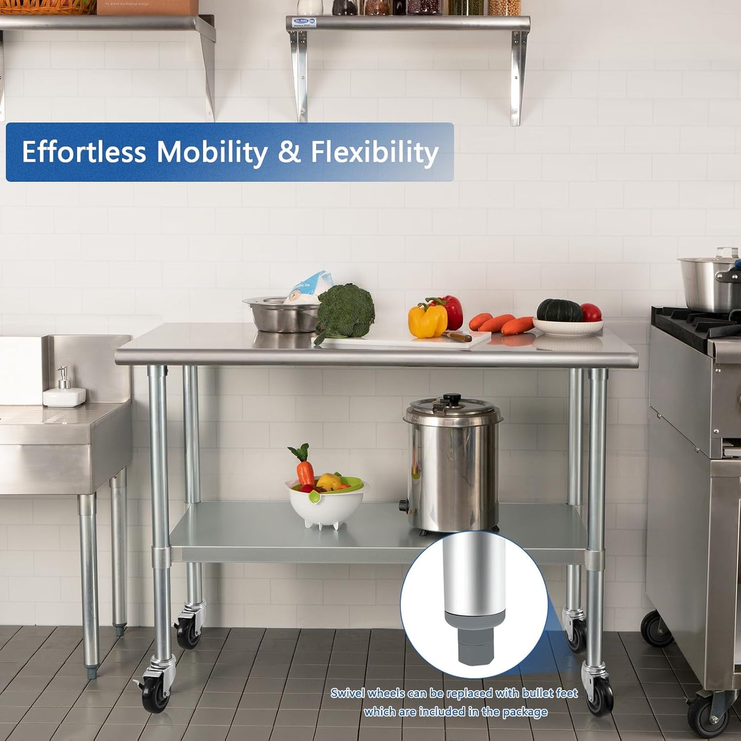 HARDURA Stainless Steel Table with Wheels 30 x 48 Inches Casters NSF Heavy Duty Commercial Work & Prep Table with Undershelf and Galvanized Legs for Restaurant Kitchen Bar and Hotel Garage