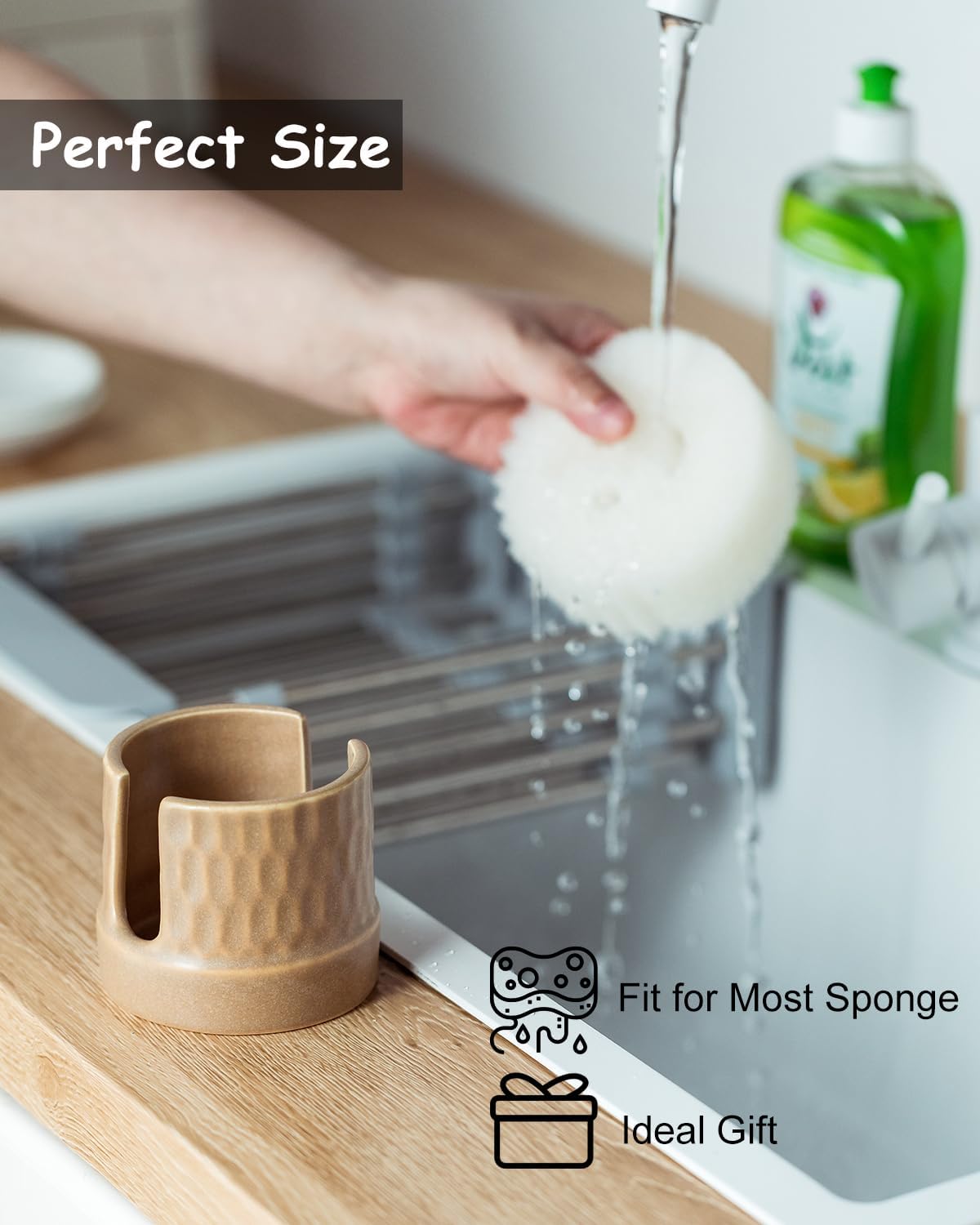 Sponge Holder for Kitchen Sink, Ceramic Sink Caddy Scrub Sponge Tray Dish Rack for Scrubbers, Kitchen Organizer, Brown