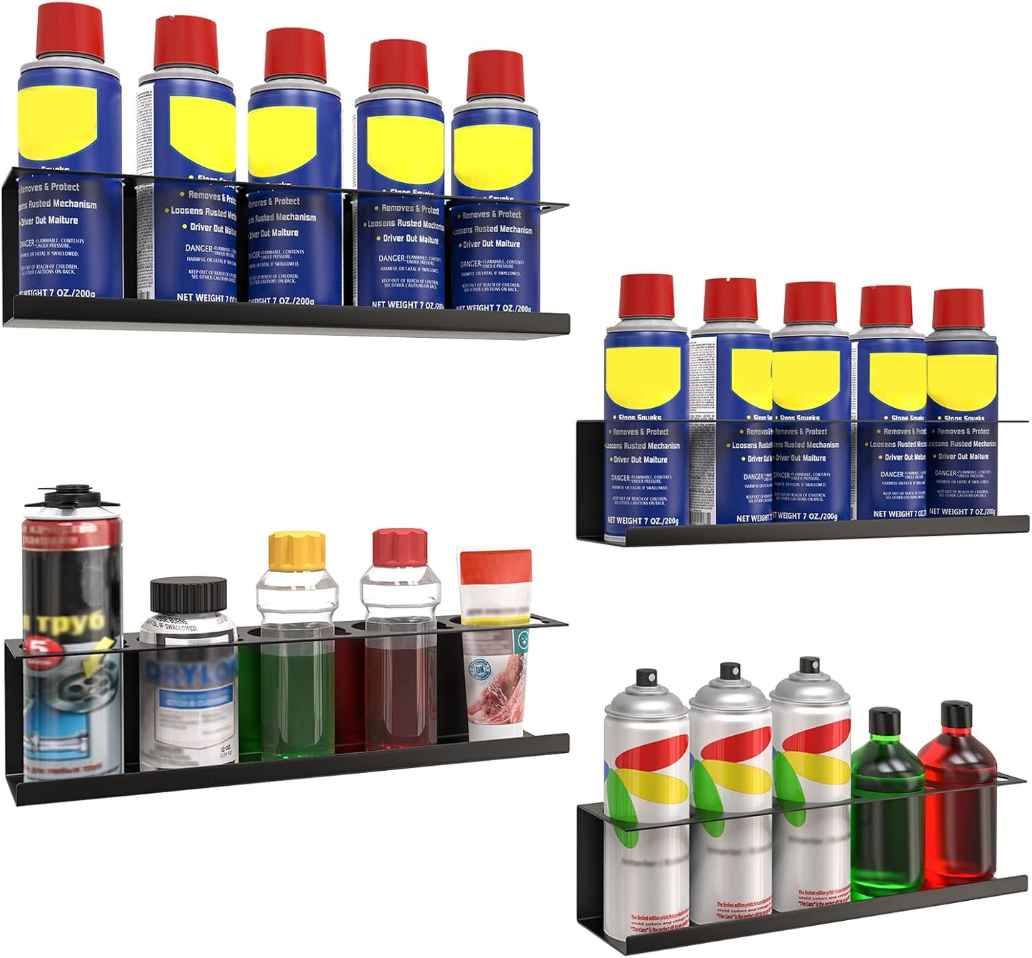 4 Pack Wall-Mounted Spray Bottle Holder, Aerosol Spray Can Holder Storage Rack, Heavy-Duty Paint Bottle Organizer With 20 Holes, Steel Black Spray Rack for Garage, Shop, Home or Tool Trailer