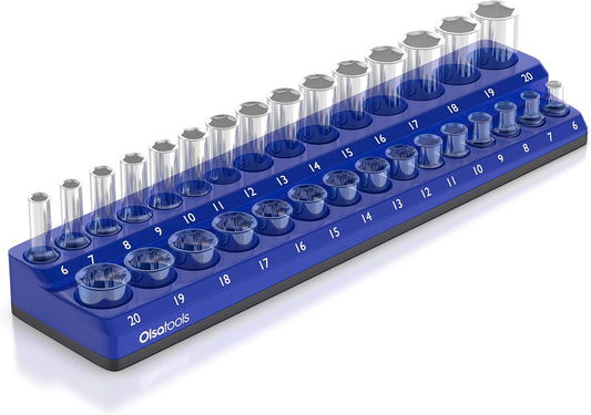 Olsa Tools Magnetic Socket Holder | 3/8-inch Drive | Metric | Blue | Holds 30 Sockets | Professional Quality Tools Organizer
