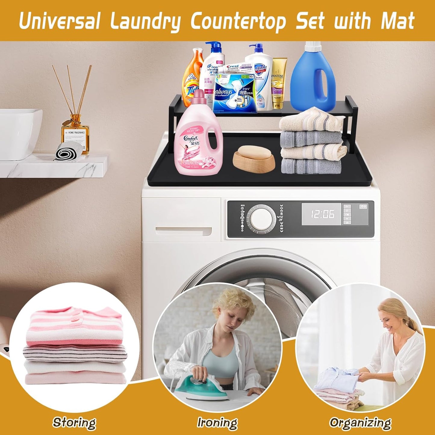 Washer and Dryer Countertop with Retractable Shelf and Silicone Mat, Universal Front Load Washer and Dryer Countertop Set, Washer Dryer Shelf with Mat for Laundry Room Organization (14-25 Inch)