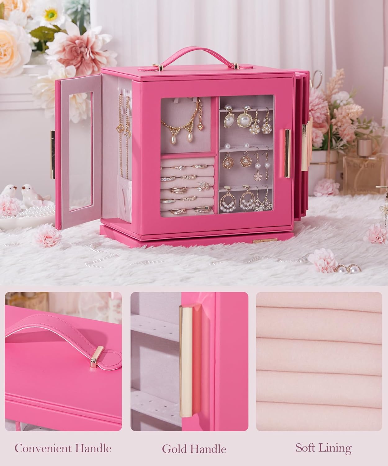 Homde Christmas Gifts Jewelry Box 360° Rotating, Necklace Earring Organizer with Transparent Window, Mirror, 7 Drawers, Large Ring Display Storage Case for Girls Women (Pink)