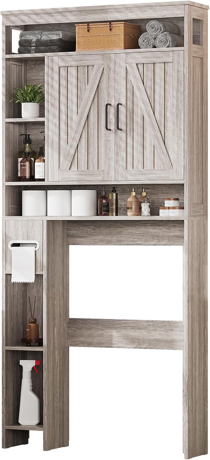 Over The Toilet Storage Cabinet with 6 Shelves, Farmhouse Bathroom Storage Cabinet with 2 Barn Door & Toilet Paper Holder Stand, Toilet Shelf with Adjustable Shelf for Bathroom Laundry