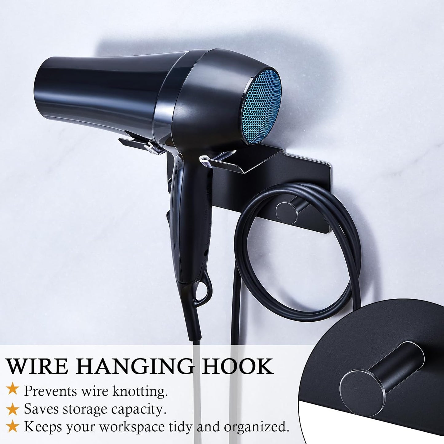 Hair Dryer Holder Wall Mounted, Blow Dryer Holder, Adhesive Hairdryer Holder for Bathroom, Hair Tool Organizer Hair Dryer Hanger, Blowdryer Holder for Wall, Hair Dryer Hook with Cord Storage (Black)