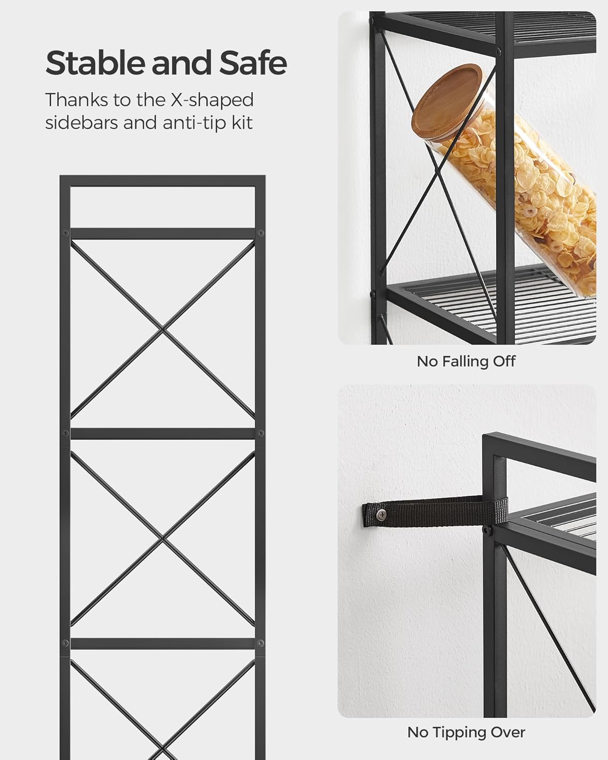 SONGMICS 5-Tier Metal Storage Rack, Shelving Unit with X Side Frames, Dense Mesh, 12.6 x 15.7 x 57.3 Inches, for Entryway, Kitchen, Living Room, Bathroom, Industrial Style, Ink Black UBSC145B01
