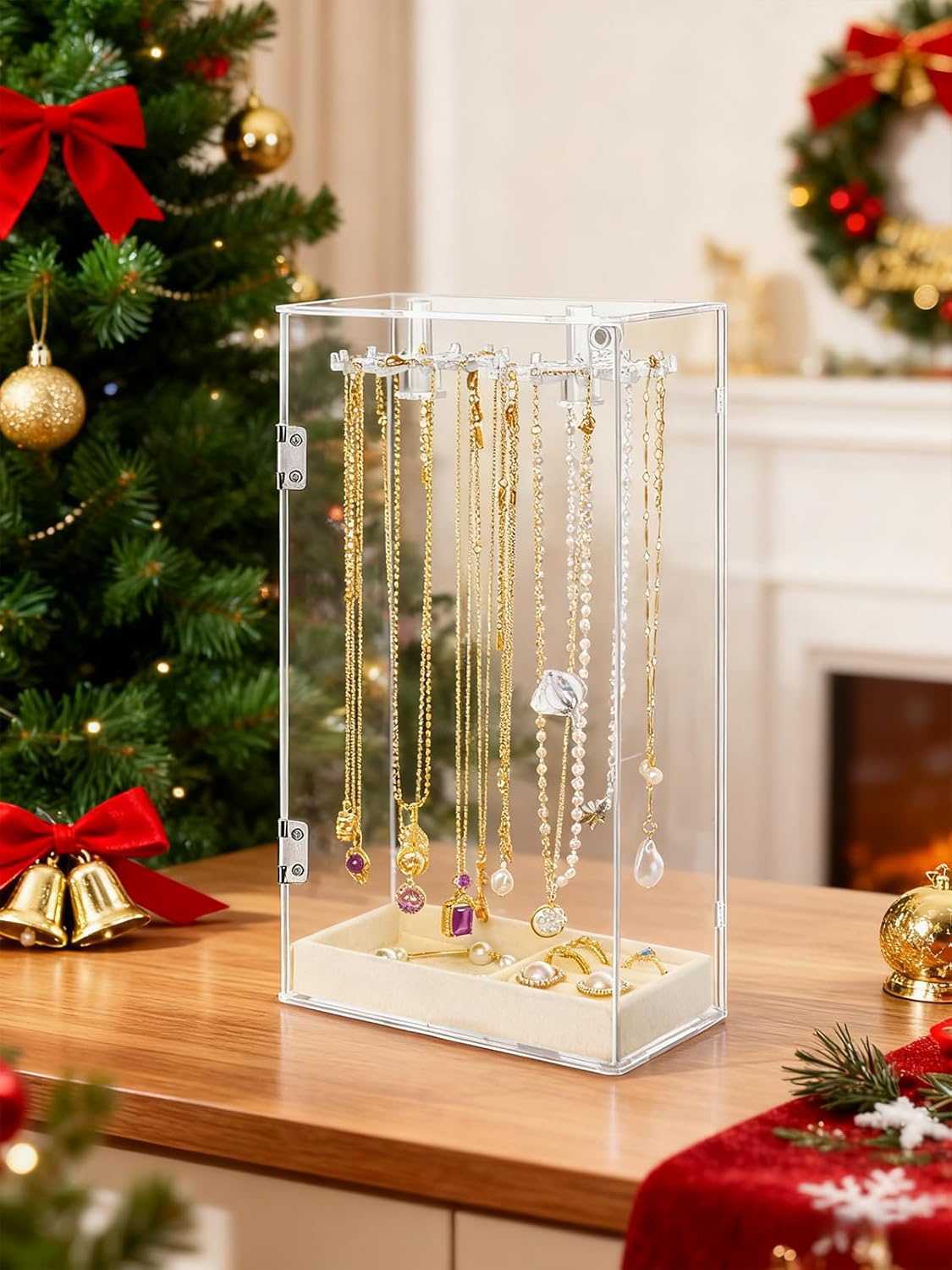 Cirhy Necklace Holder, Acrylic Necklace Organizer with 24 Rotating Hooks, Dust-Proof Jewelry Display Case for Necklaces, Pendants, Earrings, Rings, Enclosed Clear Storage Stand with Velvet Lined Tray
