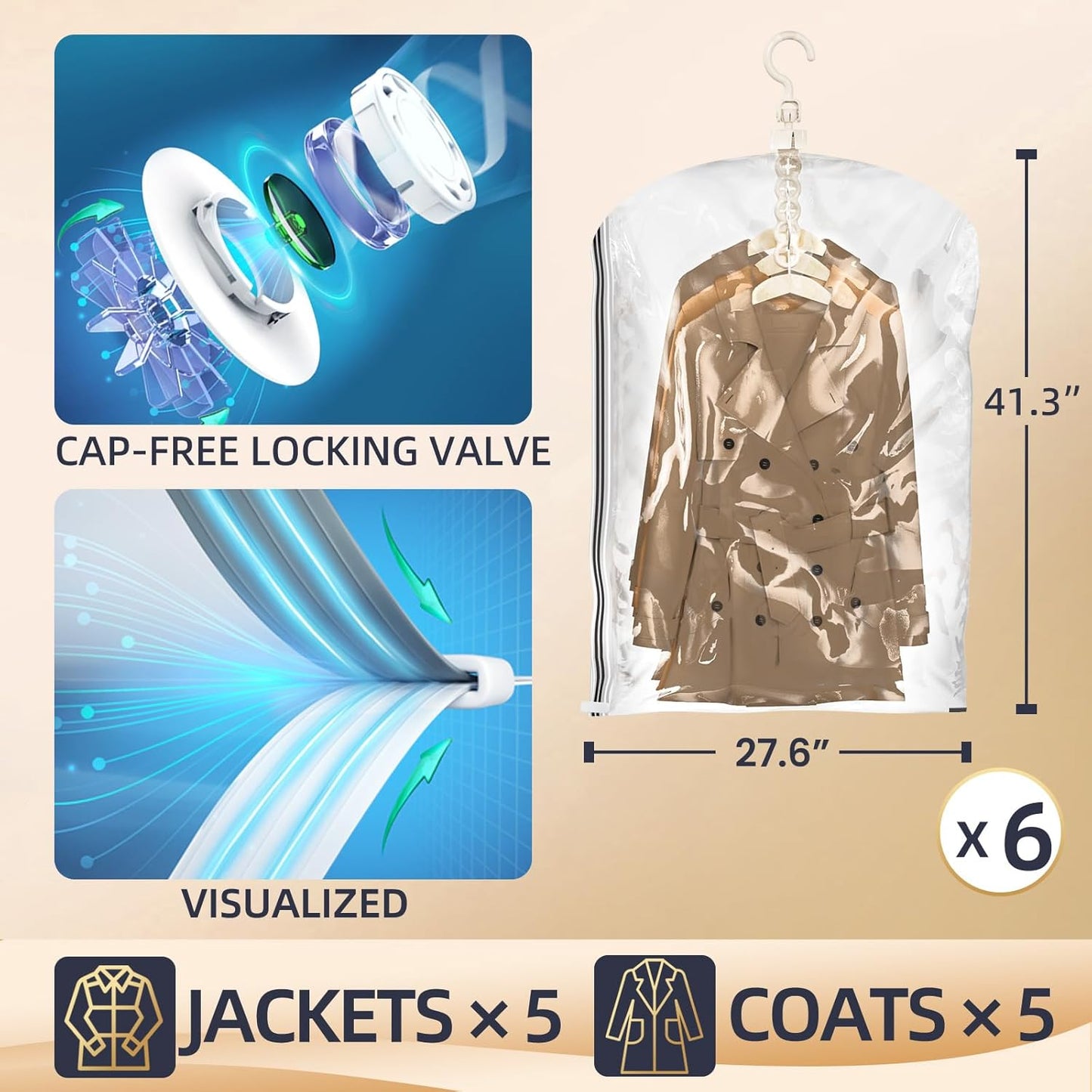 TAILI Hanging Vacuum Storage Bags, Space Saver Bags for Clothes, Coats, Suits and Jackets, Clear, 6 Pack Short, 31 x 15 x 40 inches