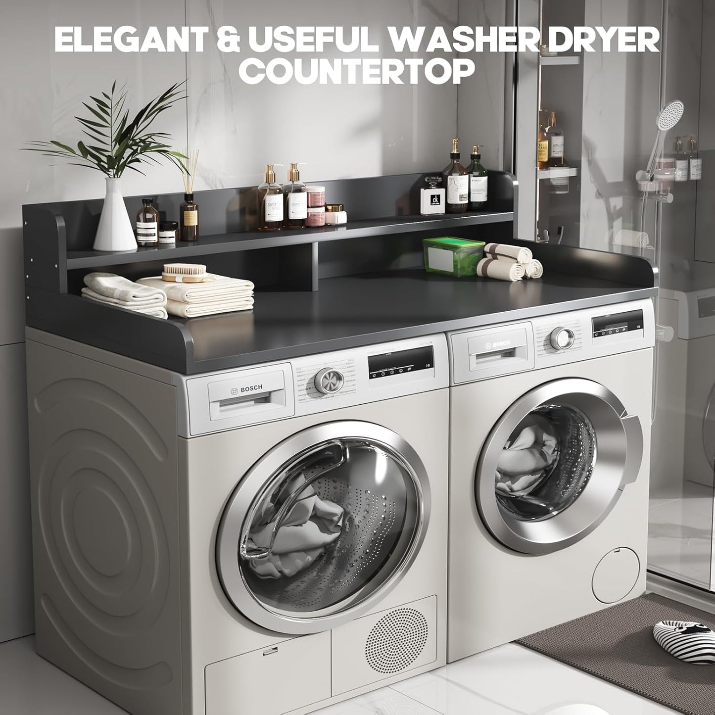 2-Tier Washer and Dryer Countertop with 2.75" H Guard,58" W x 28" D Laundry Countertop Cover with Non-Slip Pad,Large Space Laundry Topper for Folding Clothes Over Washer and Dryer-Black