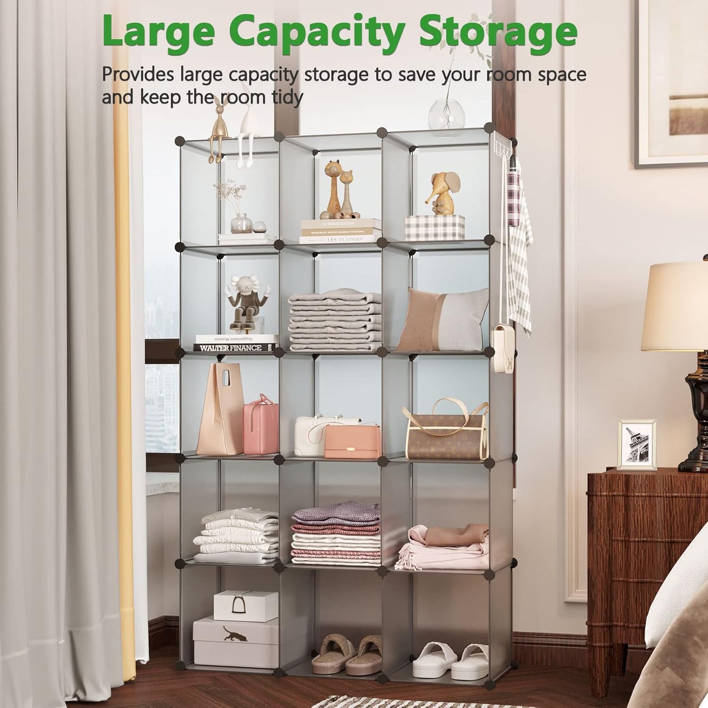 C&AHOME 16-Cube Storage Organizer, Plastic Shelves Units, DIY Closet Organizer, Modular Shelves Ideal for Home, Bedroom, 48.4" L 12.4" W 48.4" H Grey UPCS16G