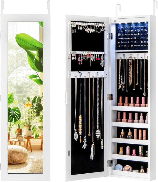 Giantex Wall or Door Mounted Jewelry Cabinet with Full Length Mirror, Over The Door Jewelry Armoire Organizer with Lights, Large Storage with Necklace Hooks, Earring Slots & Shelves (White)