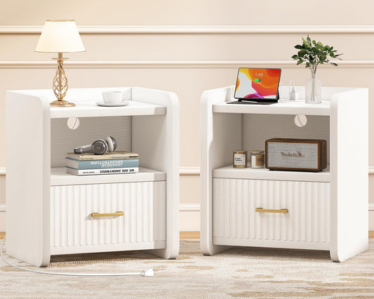 Night Stand with Charger Station, Fluted Nightstands Set of 2 with Drawer, Modern Bedside Table Set of 2, Wide Nightstands for Bedroom, Mid Century Wooden Night Stands for Home Sofa Couch