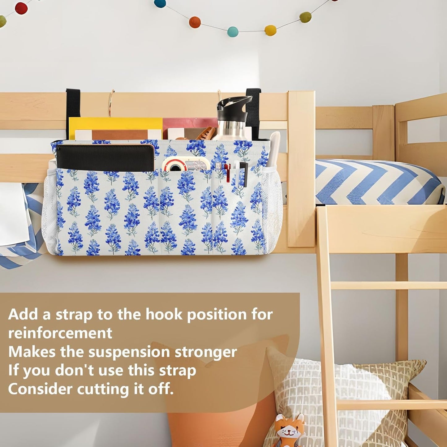 Watercolor Bluebonnets Bedside Caddy for Dorm Bed Bedside Hanging Caddy Bag Iron Frame Storage Organizer Pocket for Bunk Home College Hospital Beds 2 Hooks