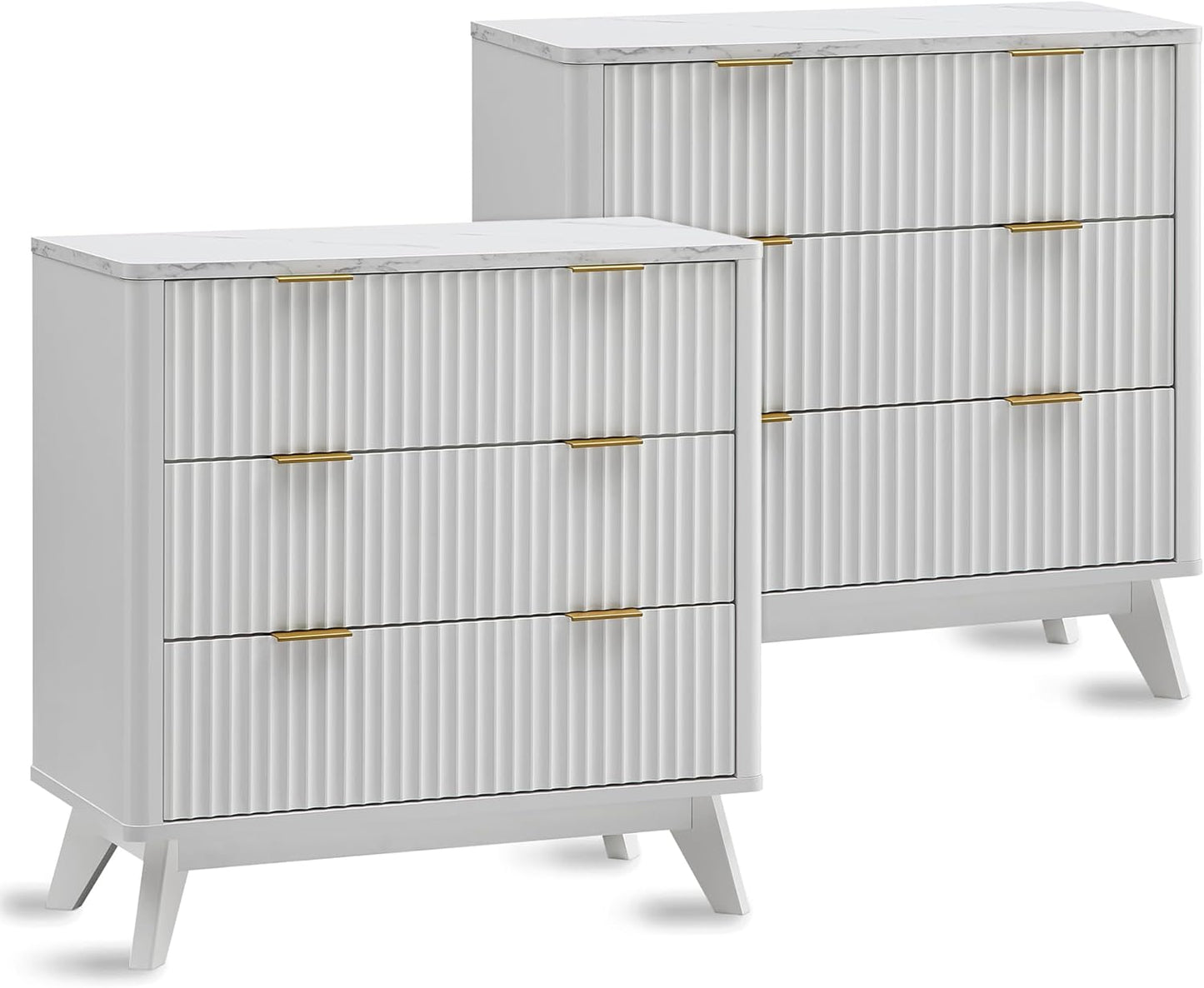 T4TREAM Fluted 3 Drawers Nightstand Set of 2, Oversized Extra Large Modern Side Table with Faux Marble Top, End Table Bedside for Bedroom, Living Room, Curved Profile Design, Solid White