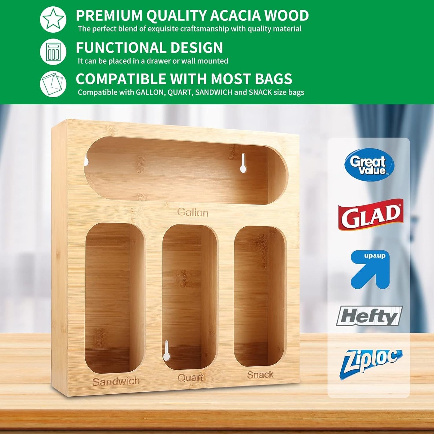 GAC Great American Classics Ziplock Bag Organizer - Kitchen Organizer for Sandwich Bags, Quart, Gallon, Snack – Natural Wood Plastic with Anti-Slip Pads – Space Saving and Practical Solution