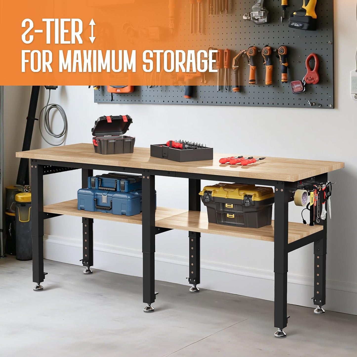 SPECRAFT Adjustable 2-Tier Workbench with 4 AC Outlet and 2 USB Ports Power Outlets, 2000 Lbs Capacity Heavy Duty Workbench, Rubber Wood Top for Garage, Workshop, Office（72x24in）