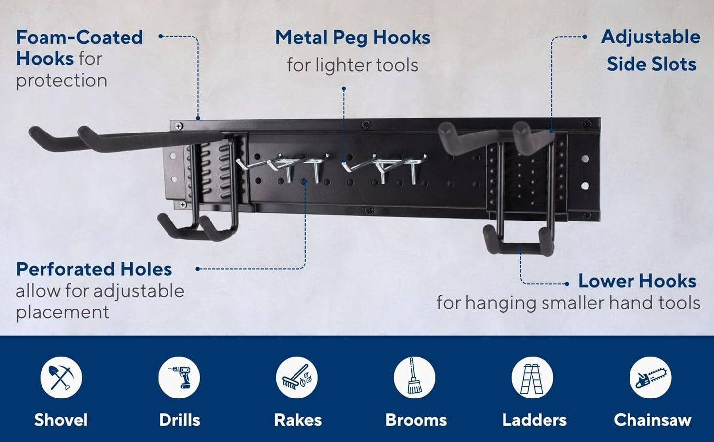 Heavy-Duty Wall Mount Garden Tool Organizer Rack, Black Metal, Multi-Hook Storage System
