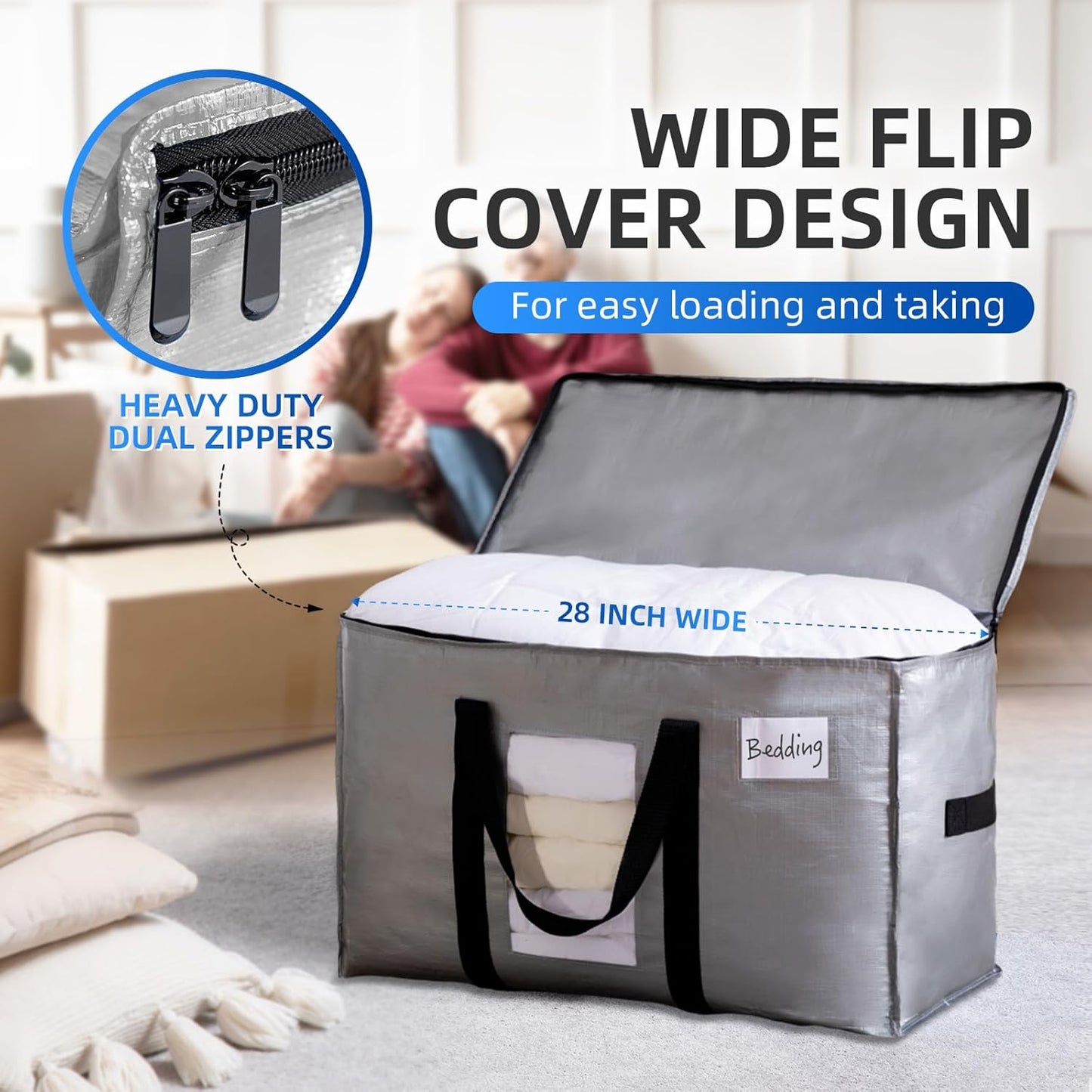 TAILI Extra Large Moving Bags, 8 Pack Silver Heavy Duty Totes for Storage with Visible Window, Wrap Around Handles, Storage Bags for Space Saving, Alternative to Moving Boxes