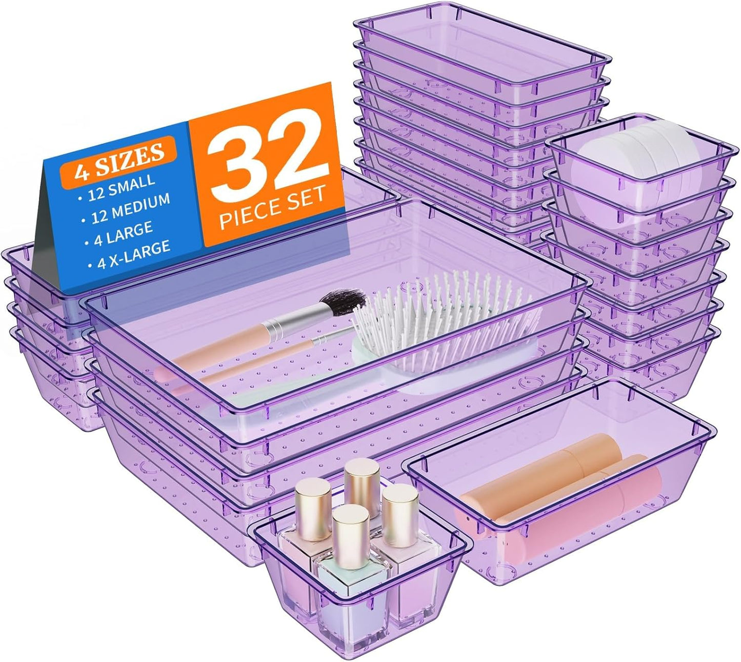 32 PCS Clear Plastic Drawer Organizer Set, 4-Size vanity organizer Trays and Storage Bins for Makeup, Jewelry and Gadgets in Bedroom, Bathroom and Office, Clear Purple
