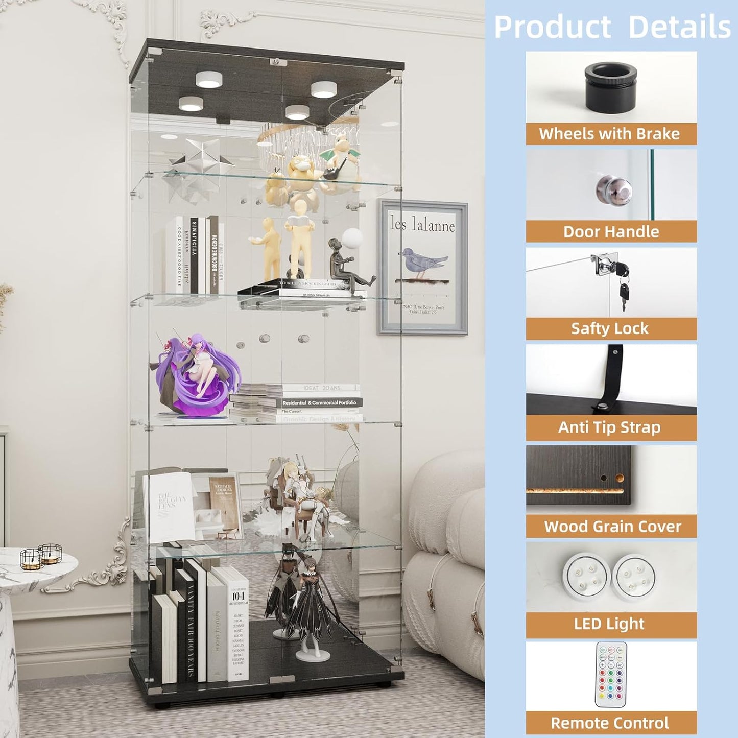 Beauty4U Glass Display Cabinet with LED Lights and Mirror, 5 Shelves with 2 Doors, Curio Cabinets for Living Room, Bedroom, Office, Black Floor Standing Glass Bookshelf, Quick Installation