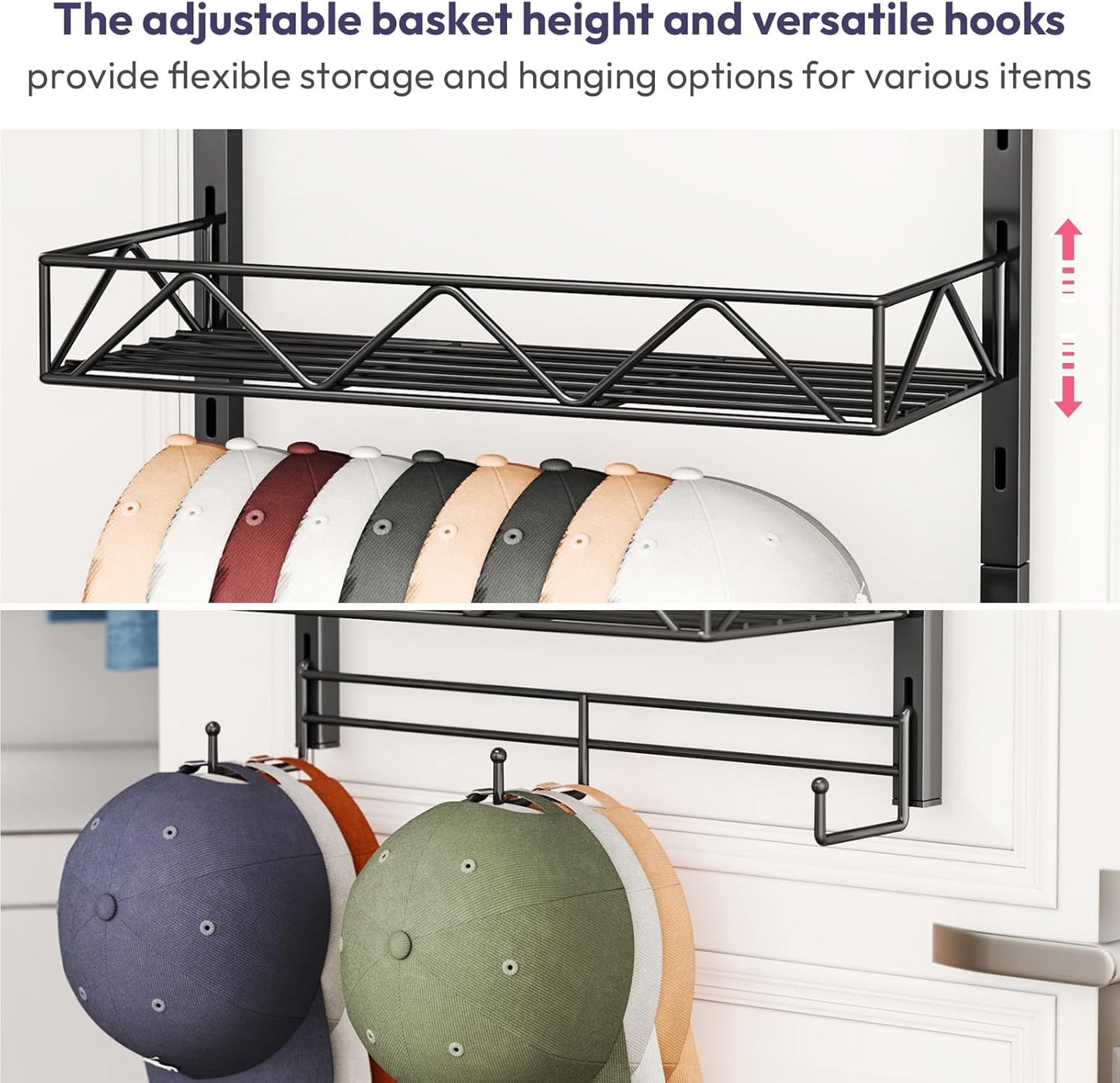 SWTYMIKI Over Door Hat Organizer - 3 Tier Wall Mounted Hat Rack with 2 Adjustable Metal Basket and 3 Hooks, Hanging Baseball Cap Organizer Storage Holds up to 29 Caps for Door, Bedroom, Closet