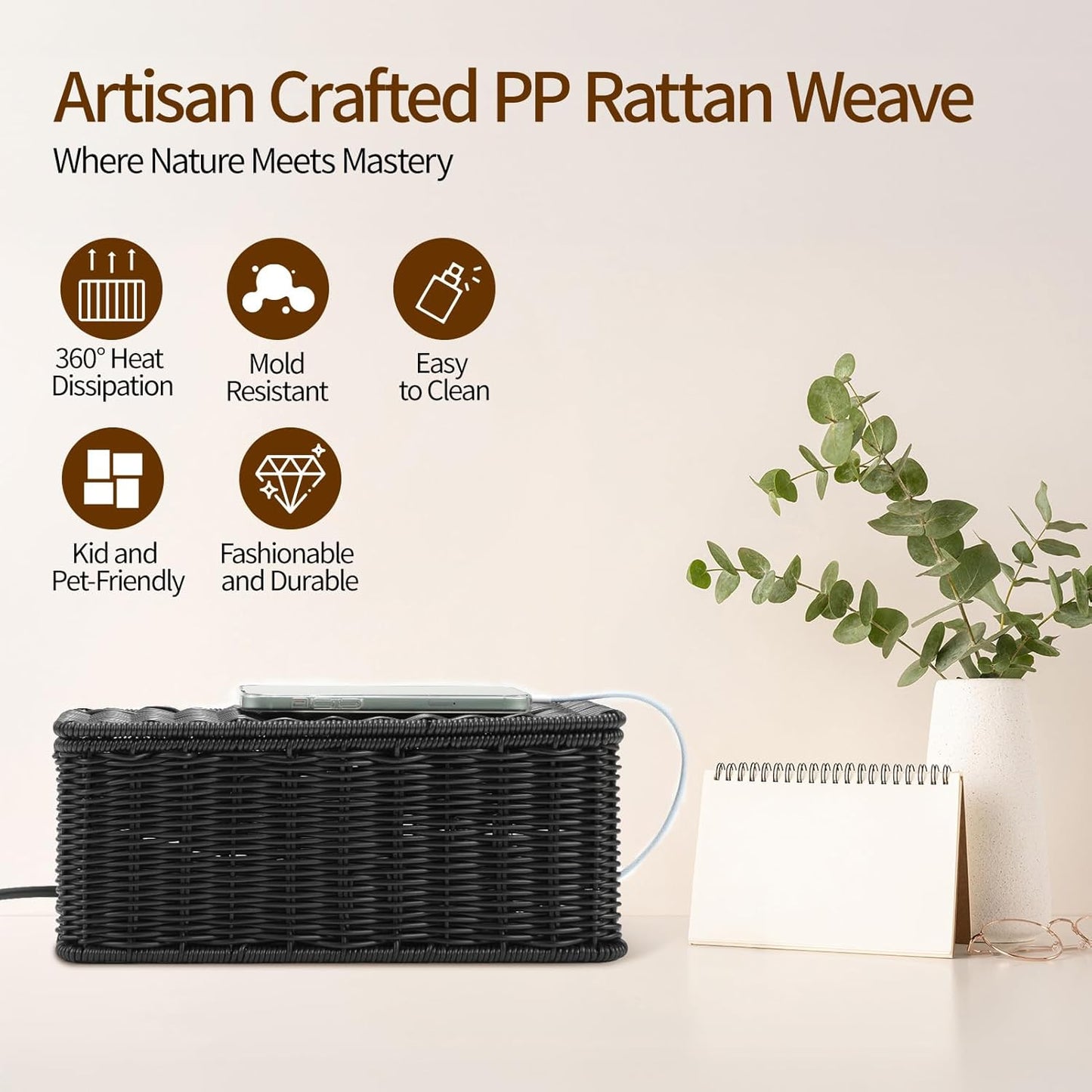 Delamu Handmade Rattan Small Cable Management Box, Cord Organizer with 2 Open Slots, Desk Cord Hider Box for Computer Router USB Hub Power Strip, 12.5" Lx 5.1" Wx 5.1" H, Black