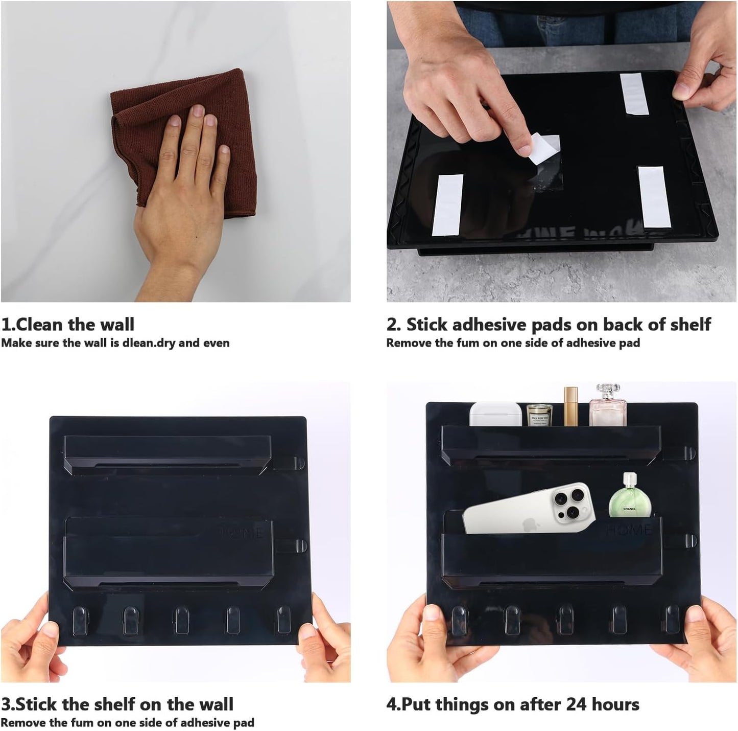 Bedside Shelf Wall Mount, Adhesive Bedside Shelf Accessories Organizer with Hooks and Cable Clips,Dorm Bedside Wall Storage for Phone, Remote, Earphone, Kindle,Plastic (5 Hooks Style-Black)