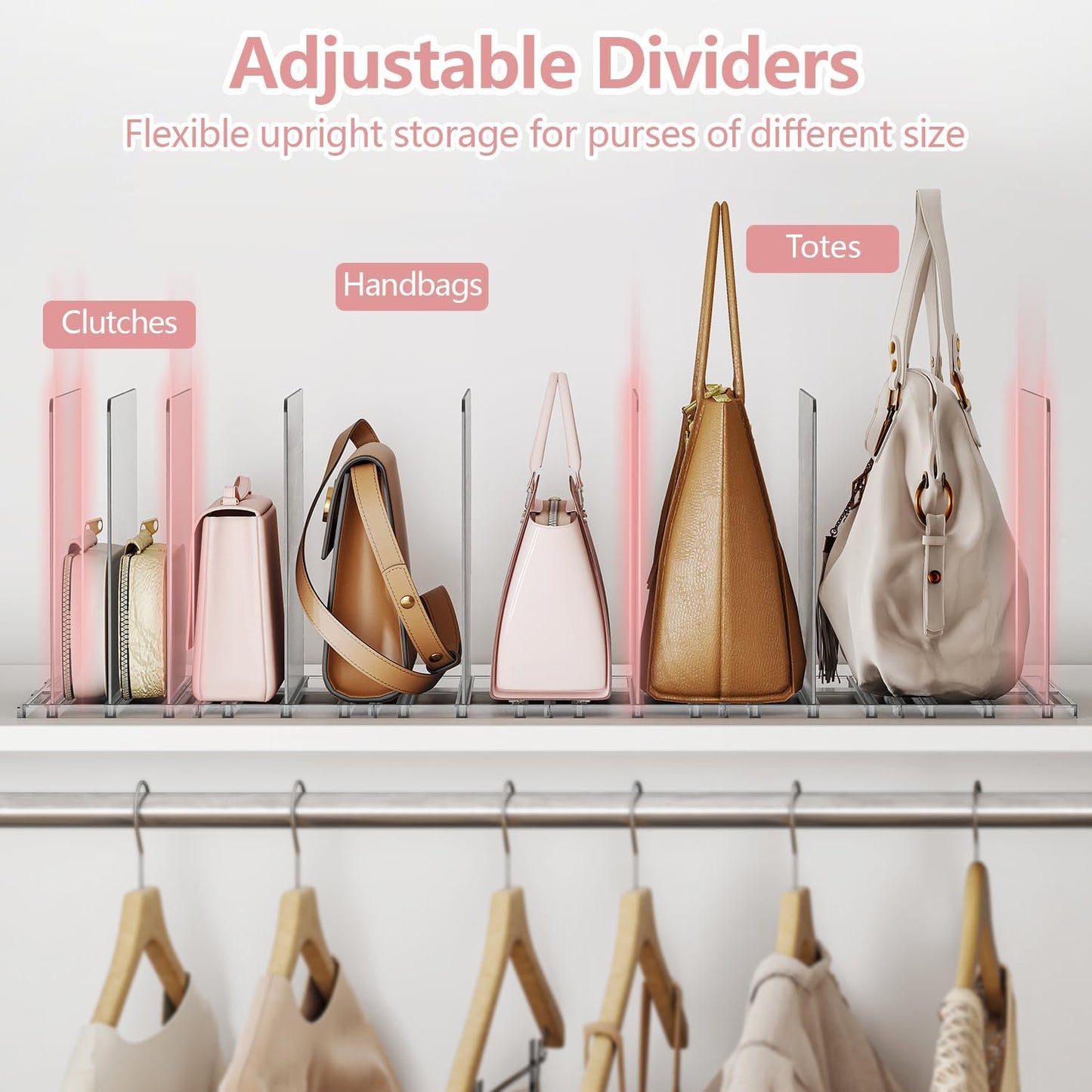 Yecaye Purse Organizer for Closet, Adjustable Closet Purse Organizer Rack, Clear Plastic Handbag Storage Organizer, Shelf Divider for Bedroom, Office, Kitchen