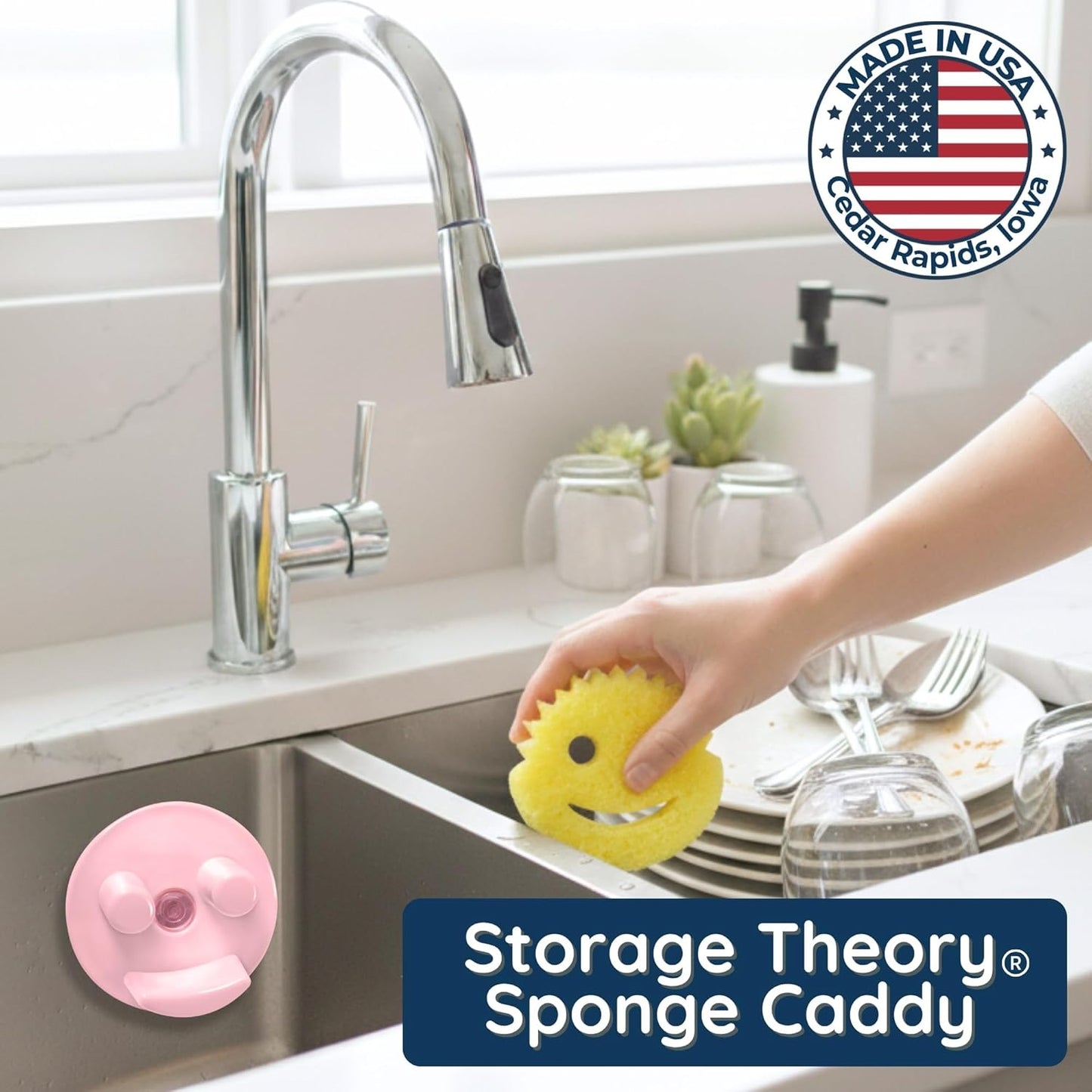 BeraTek Smiley Face Sponge Holder for Kitchen Sink - Stop Soggy Sponges, In Sink Sponge Holder with Suction Cup - Sponge Caddy Fits Most Happy Face Sponges - Pink, 1 Pack