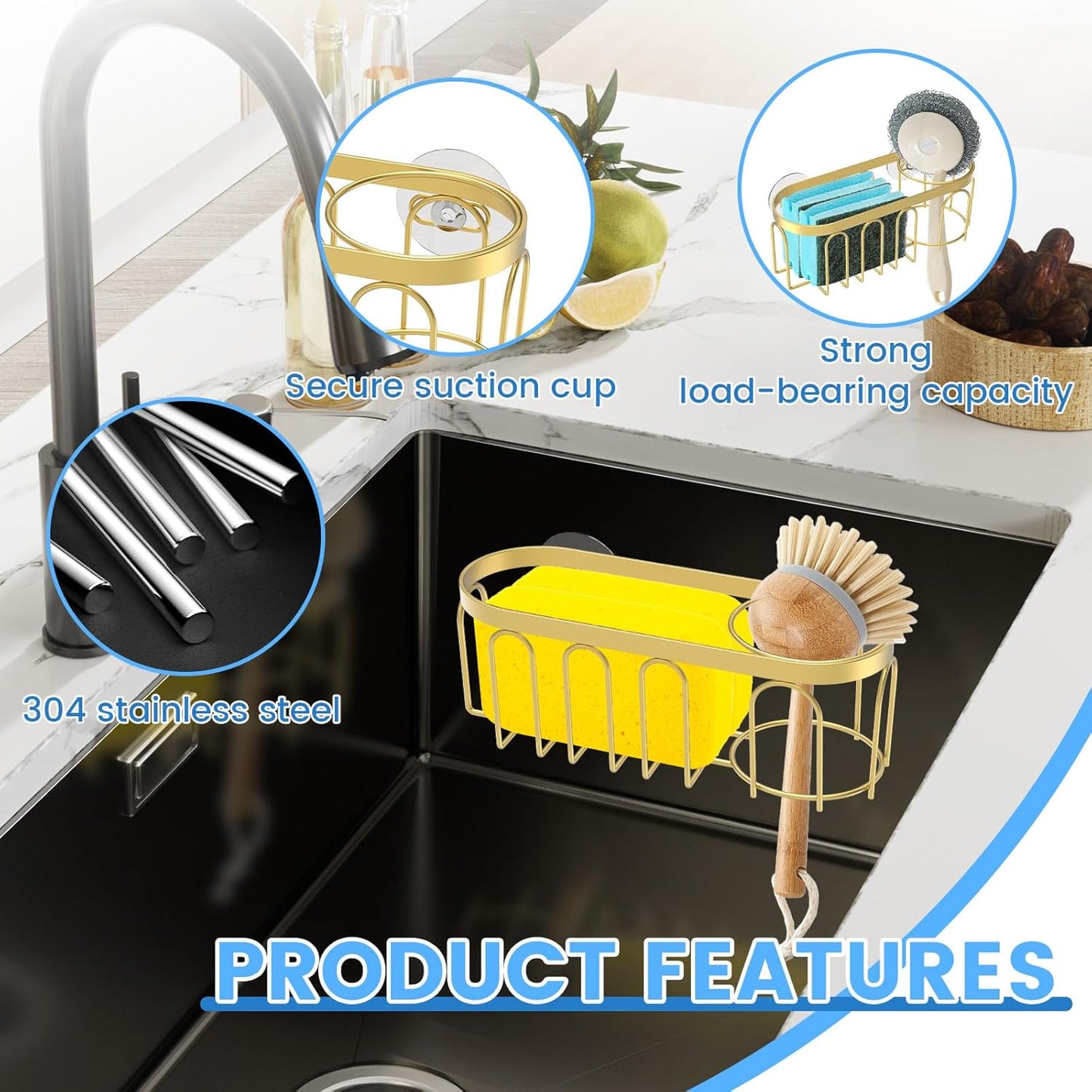 2Pcs Kitchen Sink Sponge Holder 304 Stainless Steel Suction Cup Sink Drain Rack Rustproof Kitchen Sink Organizer No Drill Dish Sponge Holder Tray for Kitchen Bathroom