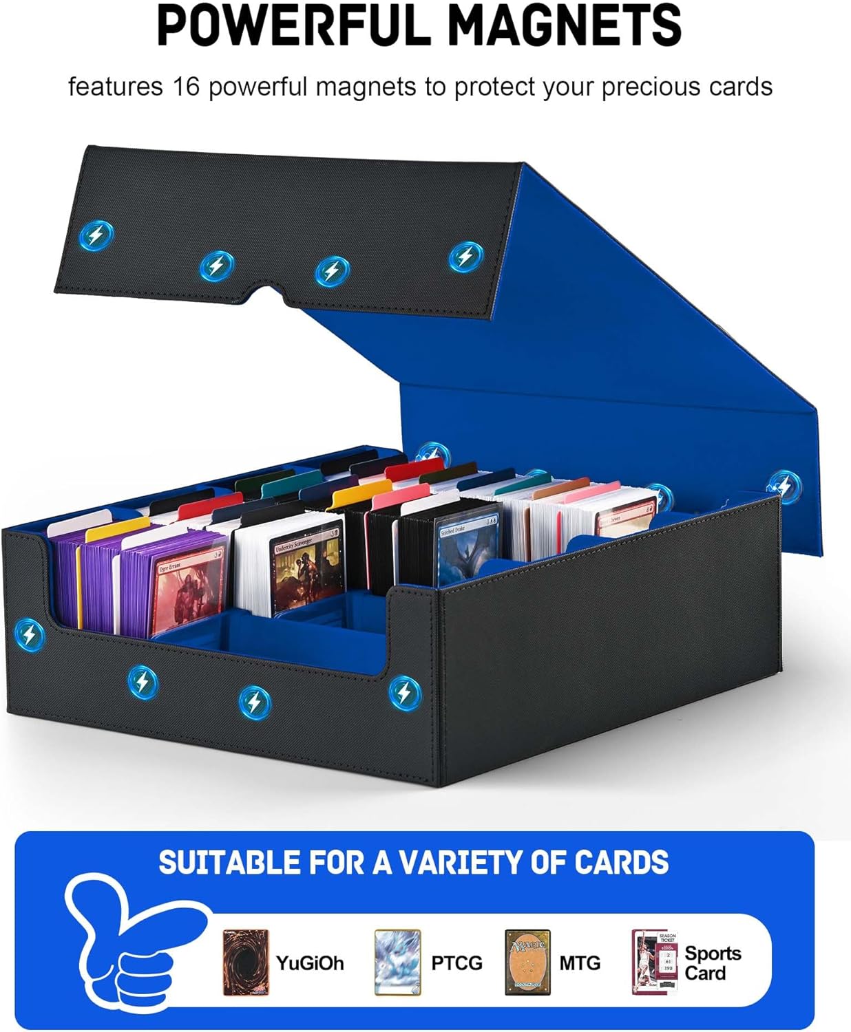 ZLCA Card Storage Box for MTG PTCG, Commander Deck Box Holds 3200+ Cards, Trading Card Storage Case with 4 Stoppers, Card Organizer for TCG Sport Cards(Black&Blue)